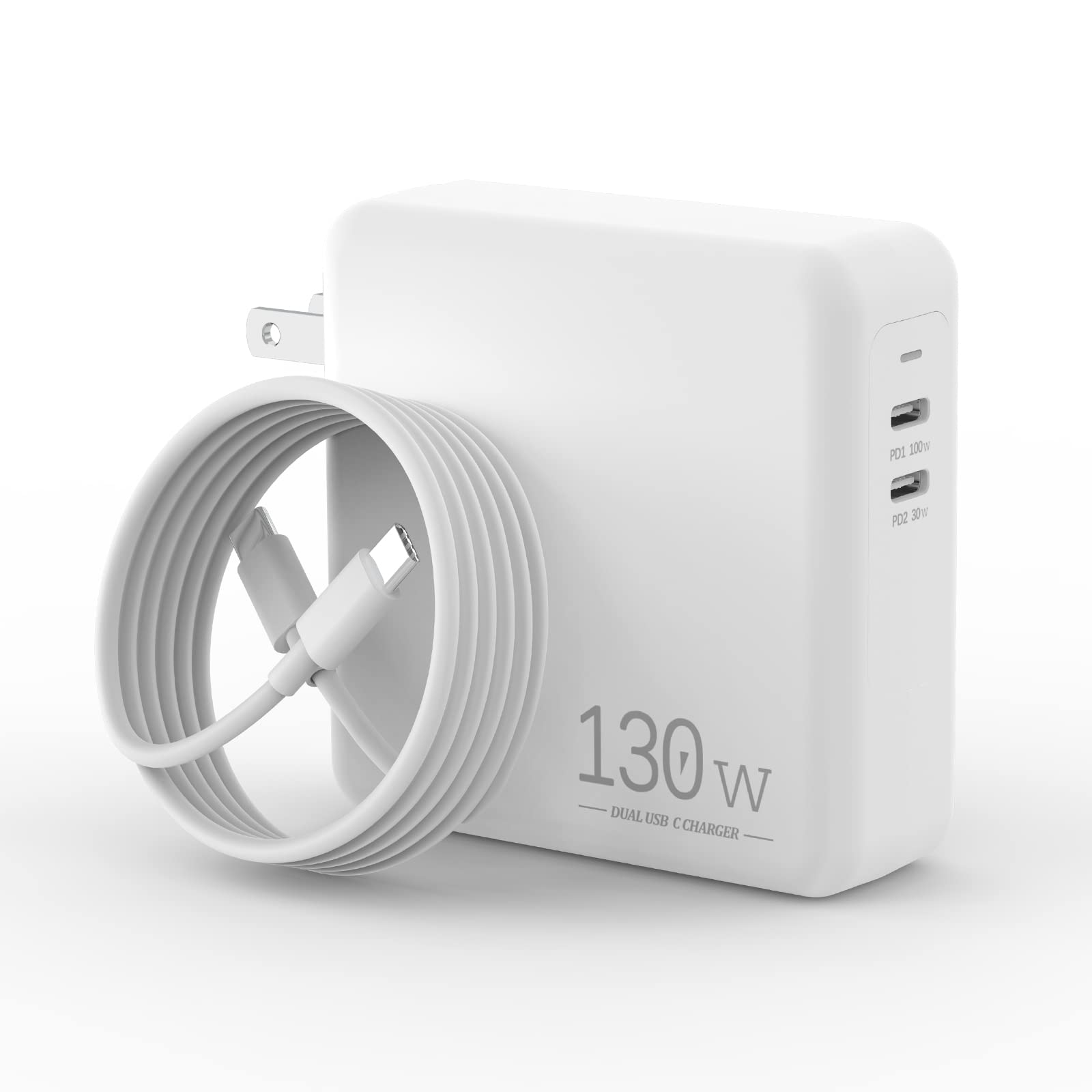 130W Dual USB C Charger for MacBook Pro 16/15/14/13 & MacBook Air M1/M2 - Fast Charging Compatible with iPad Pro/Air, iPhone 14/13/Pro/Max, Galaxy S22 Ultra/S22 [6.6ft Cable Included] - Perfect for Home, Office & Travel Use