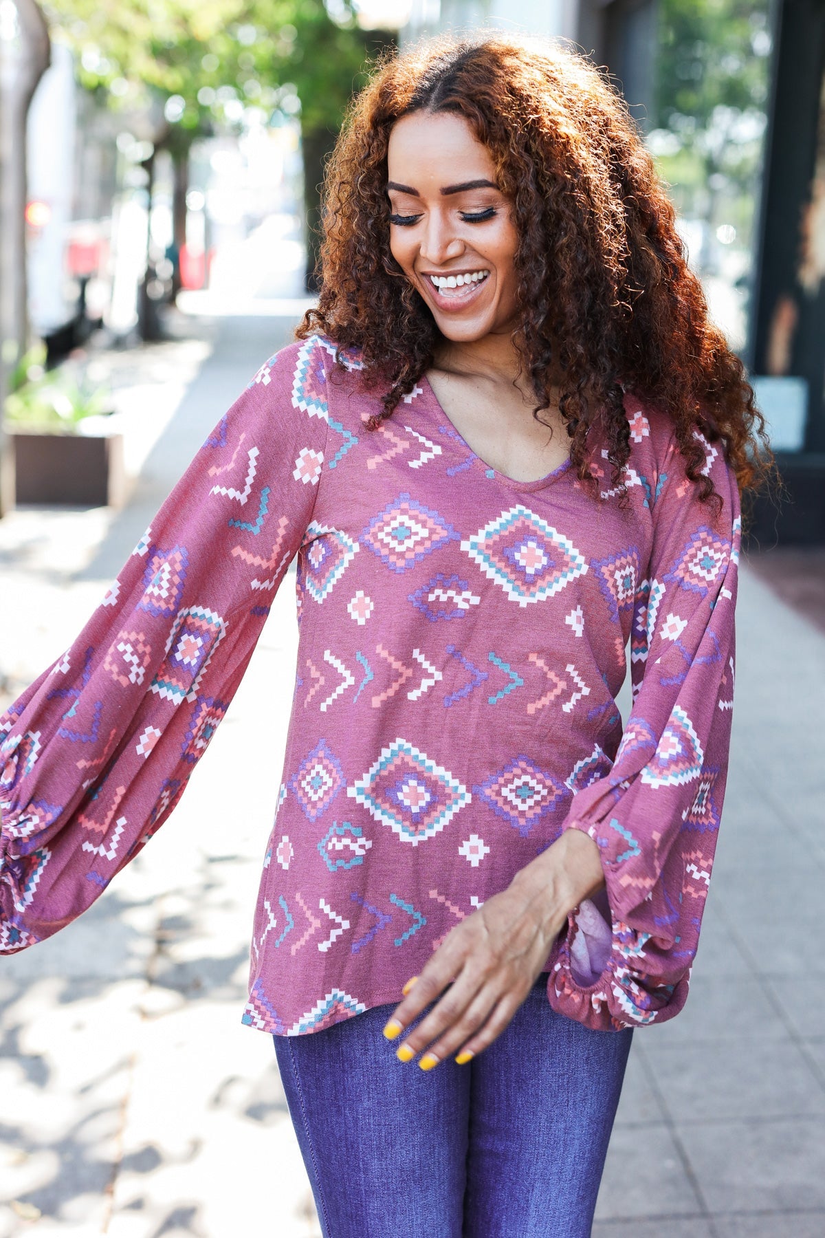 Boho Chic Elastic Long Sleeve Aztec Print V-Neck Pullover Sweater | Women's Casual Knit Top for Fall & Winter | Perfect for Music Festivals, Date Nights & Cozy Layering