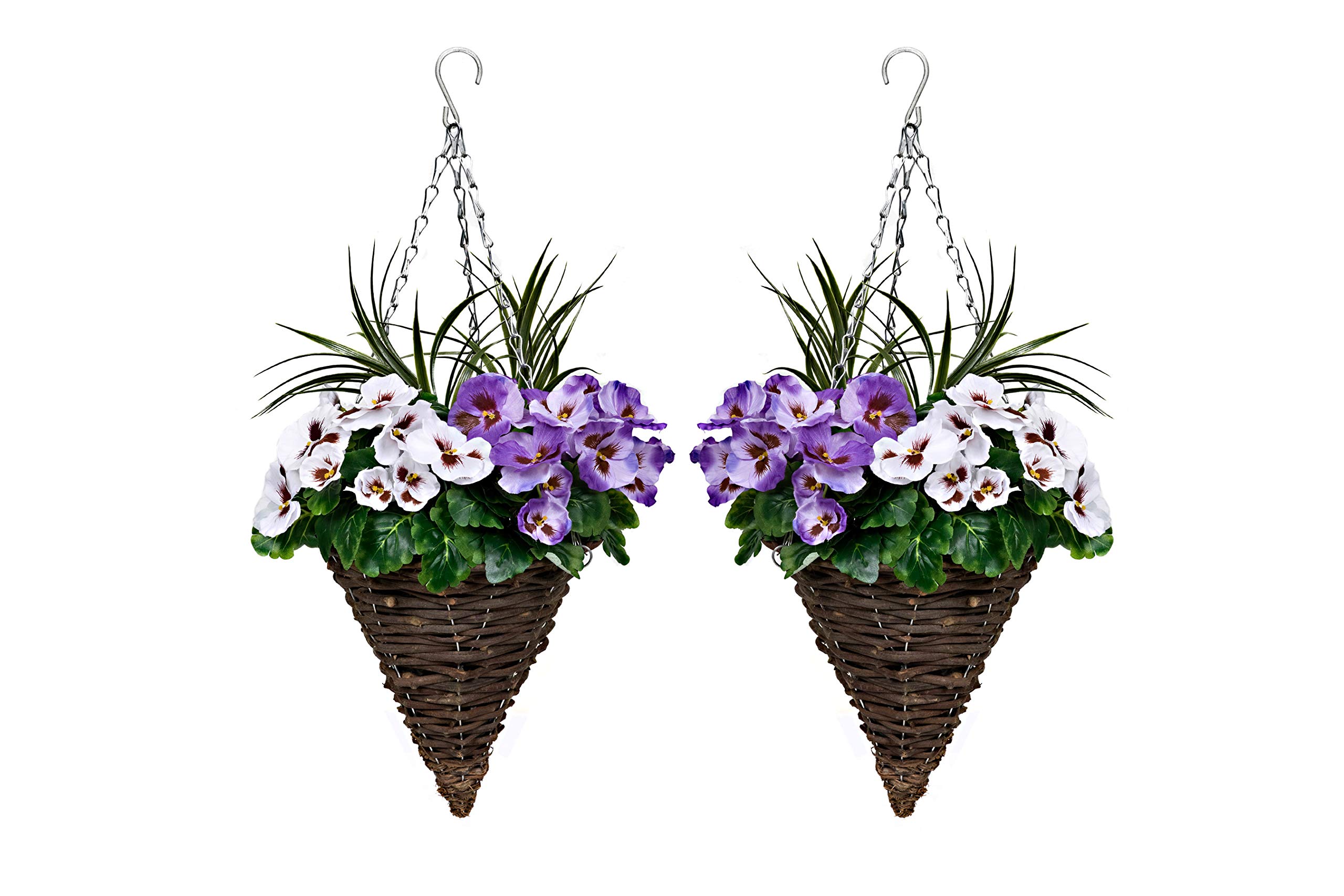 Vibrant Purple & White Artificial Cone Shaped Hanging Basket Flowers with Decorative Grasses - Set of 2 for Porch, Patio & Garden Decor - Perfect for Outdoor Wedding, Party & Home Decoration