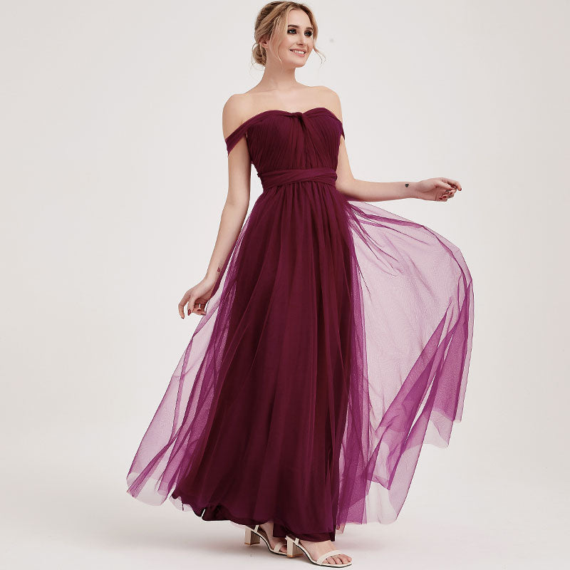 Burgundy Multi-Way Sweetheart Tulle Bridesmaid Dress - Adjustable Straps, Flowy Skirt - Perfect for Weddings, Prom, Formal Events & Special Occasions