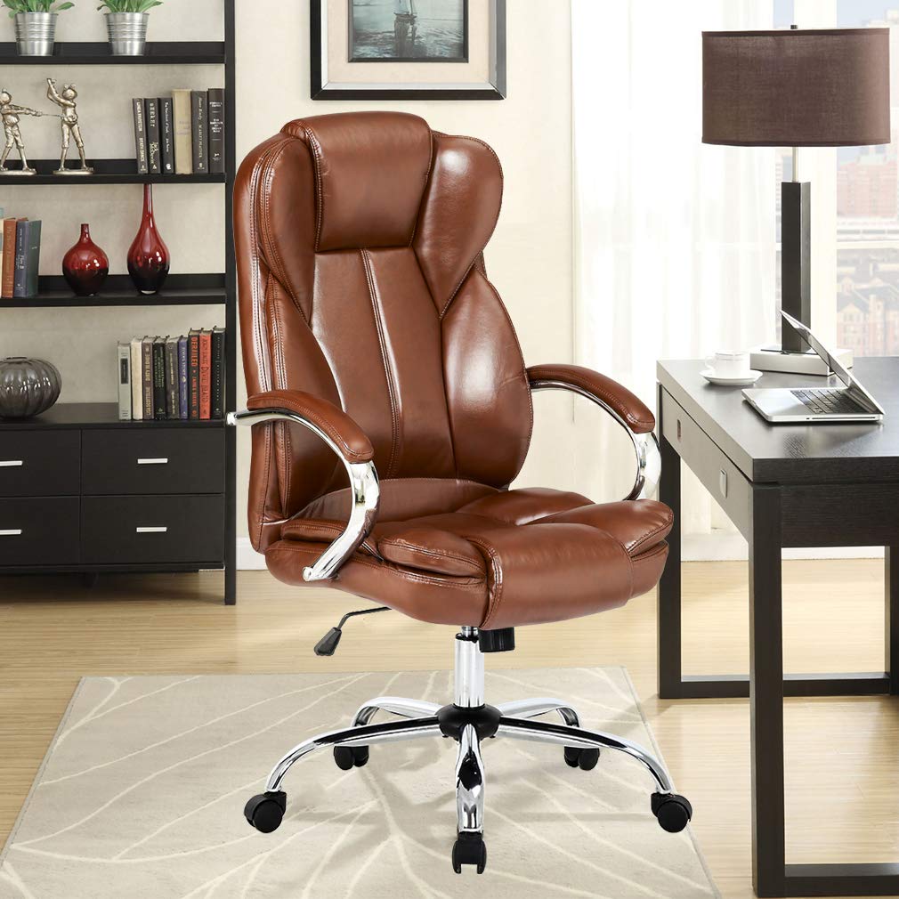 Ergonomic Office Chair with Lumbar Support & Headrest - High Back Executive Desk Chair for Home & Office Use (Brown)