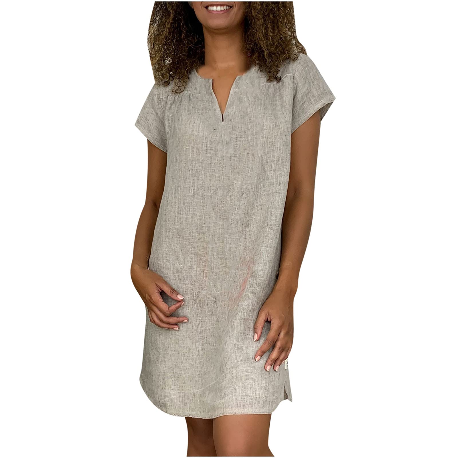 Women's Linen Tunic Dress - V-Neck Loose Fit Midi Sundress for Beach & Vacation | Plus Size Casual Shift Dress | Perfect for Summer Outings, Boho Style & Travel Wear