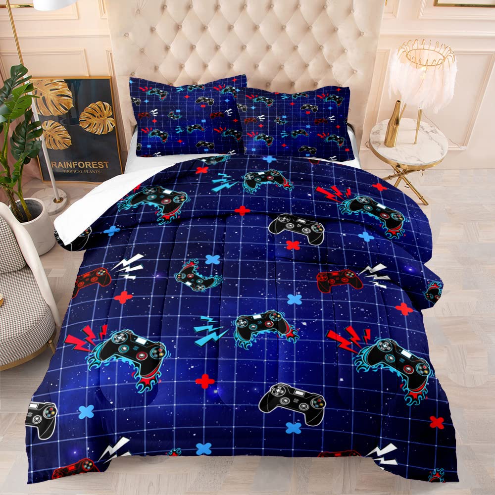 Blue Gaming Comforter Set for Boys & Teens - Full/Queen Size 3-Piece Bedding with Game Controller Design | All-Season Down Alternative Comforter | Gamer Room Decor for Kids & Teens | Perfect for Gaming Bedrooms, Sleepovers & Teen Dorm Rooms (Black)