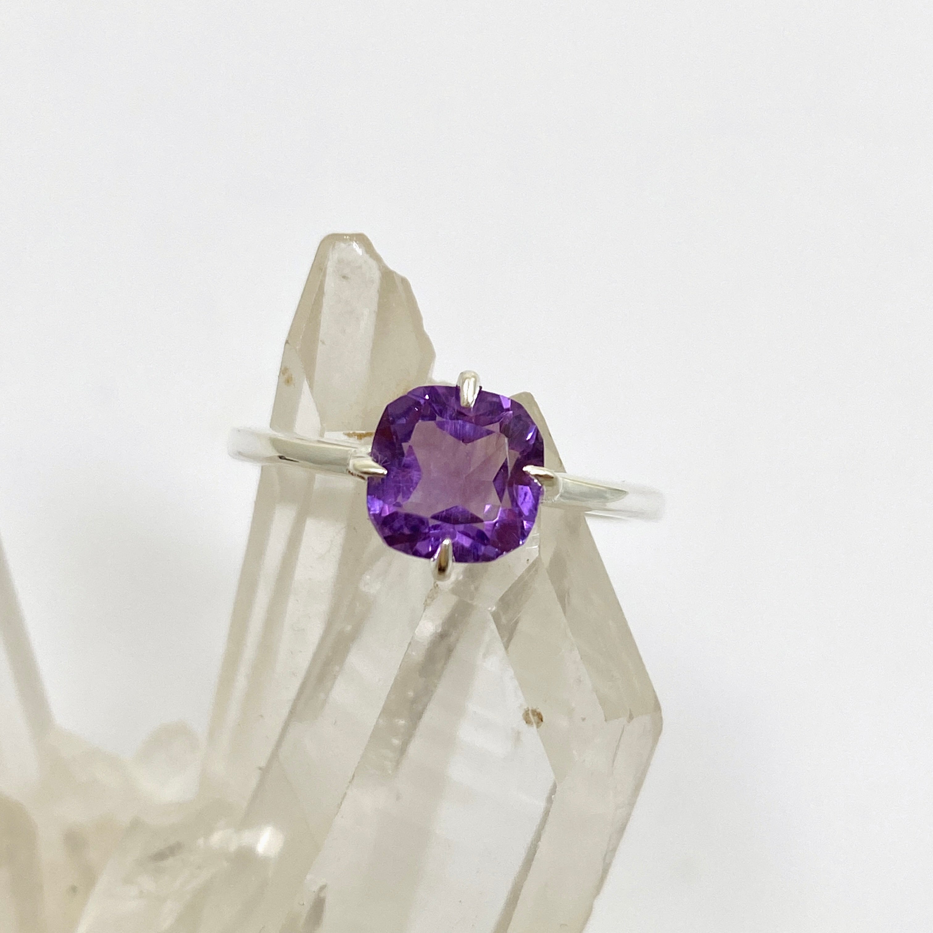 Amethyst Faceted Square Solitaire Ring R4806 - Elegant Purple Gemstone Jewelry for Women, Perfect for Engagement, Wedding & Special Occasions