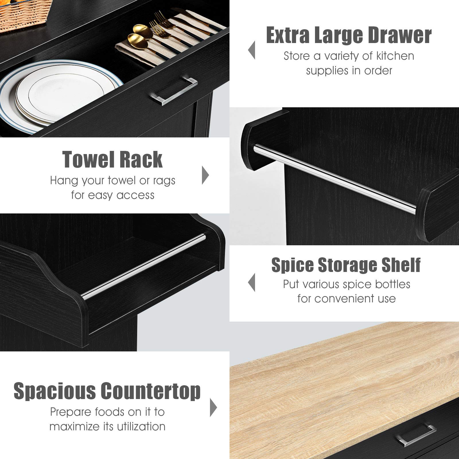 Giantex Kitchen Island Cart with Spice Rack & Towel Holder, Large Drawer & 2-Door Storage Cabinet, Lockable Wheels, Wooden Kitchen Trolley for Home & Restaurant Use - Perfect for Small Spaces, Meal Prep & Extra Counter Space (Black)