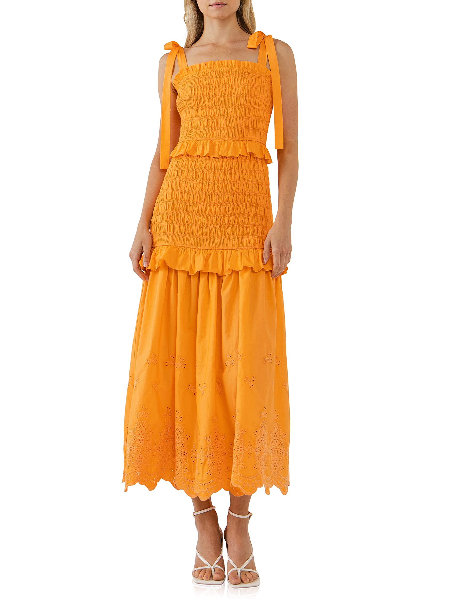 Endless Rose Women's Sunset Eyelet Smocked Maxi Dress - Flowy Summer Beach Dress with Floral Embroidery for Vacations, Weddings & Boho Outfits