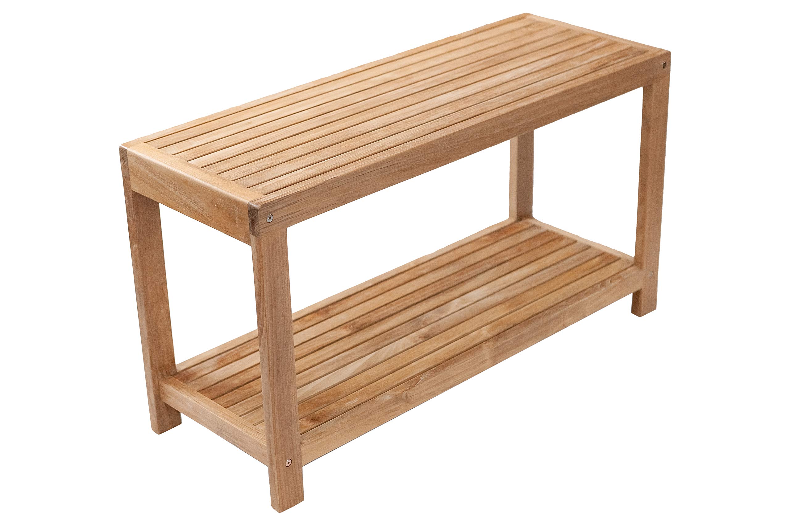 Premium Nordic Style Teak Wood Shower Stool & Spa Bench with Storage Shelf | Indoor/Outdoor Waterproof Teakwood Bath Seat | Natural Finish 35