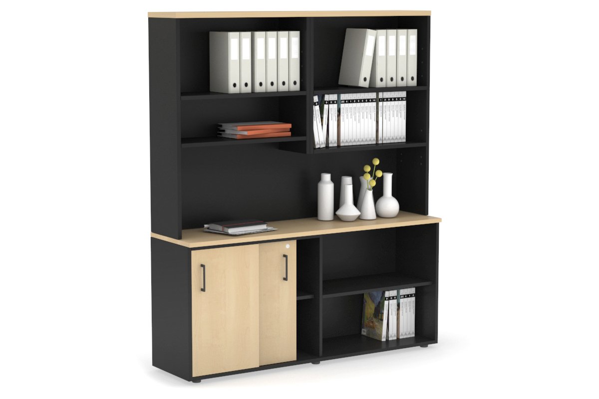 Modern 2-Door Sliding Credenza with Open Storage Hutch - Stylish Home Office & Living Room Furniture for Organization & Display