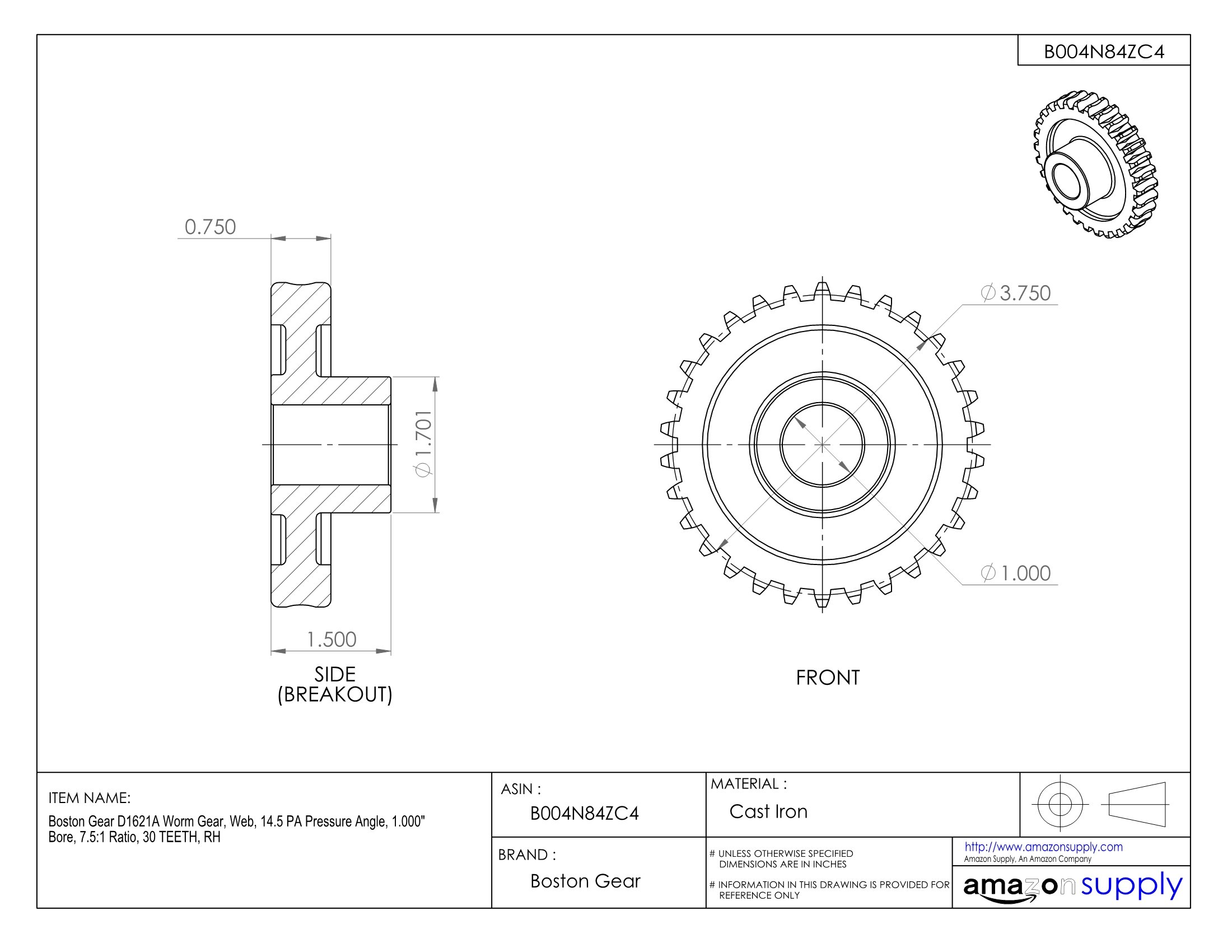 High-Quality D1621A Worm Gear 14.5 PA Pressure Angle 1.000