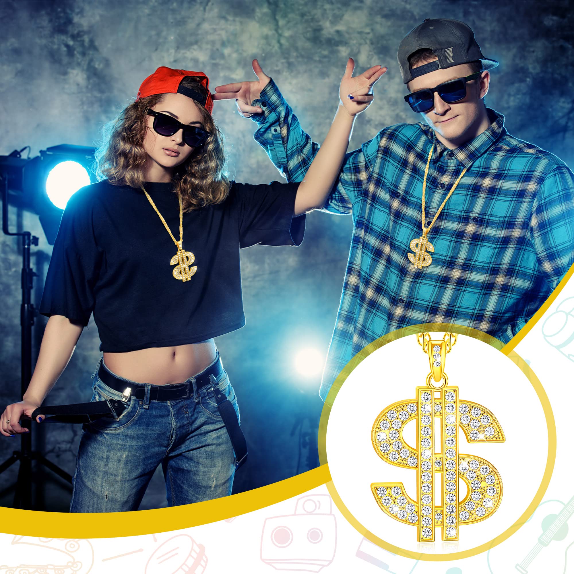 Tatuo 2-Piece Gold Plated Chain Necklace Set for Men with Dollar Sign Pendant - Hip Hop Jewelry for Streetwear & Urban Fashion | Perfect for Parties, Concerts and Everyday Style