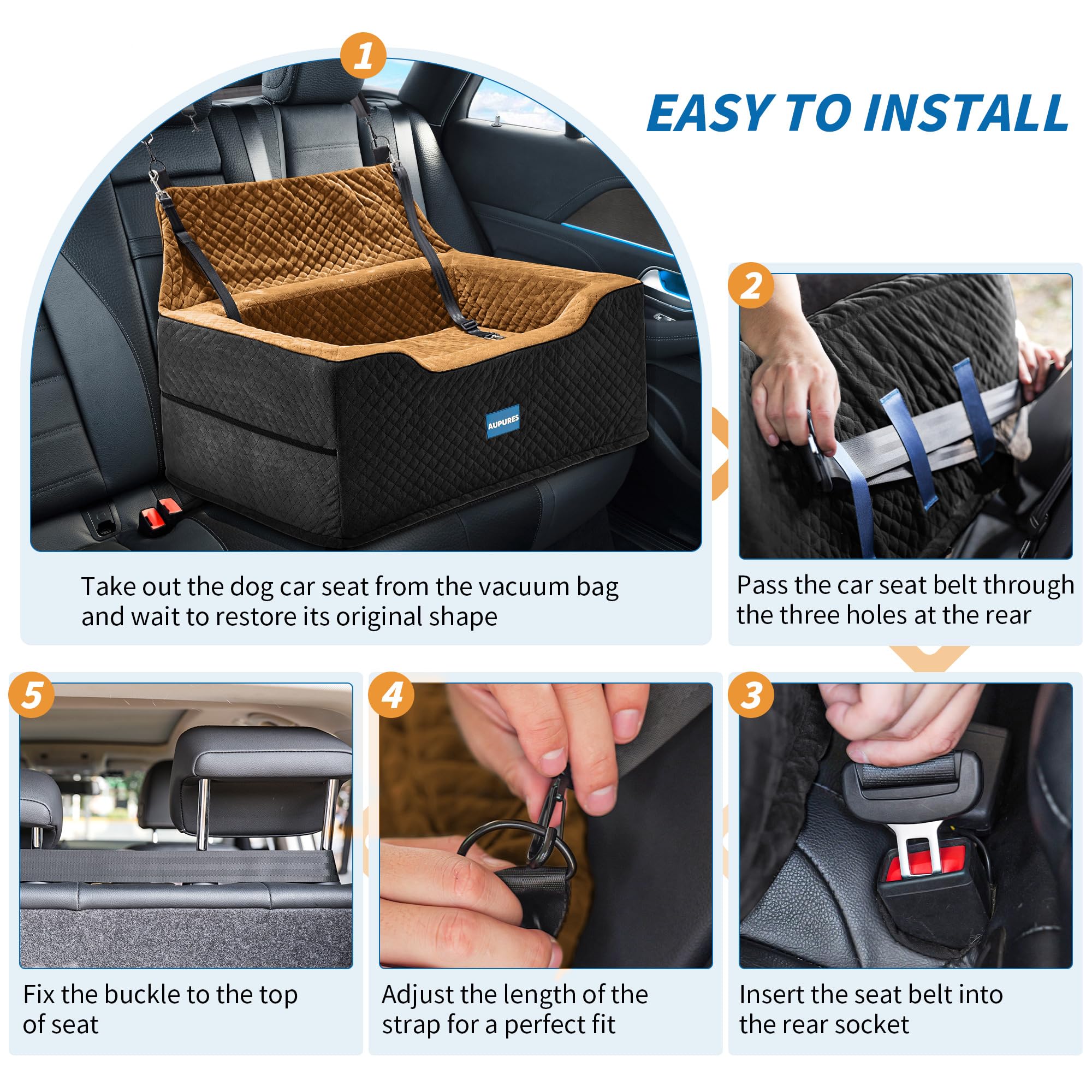Premium Dog Car Seat for Large & Medium Dogs Up to 55 lbs - Adjustable Height Pet Booster Seat for Small Dogs - Soft Fabric Carrier (Black/Brown) - Perfect for Road Trips & Daily Commutes