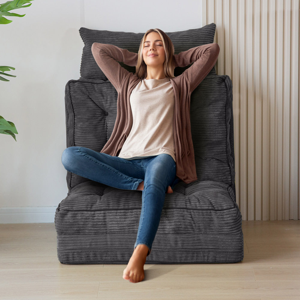 MAXYOYO Tufted Bean Bag Sofa Bed with Pillows - Foldable Floor Couch for Living Room, Bedroom & Dorm - Dark Grey - Perfect for Lounging, Gaming & Relaxation