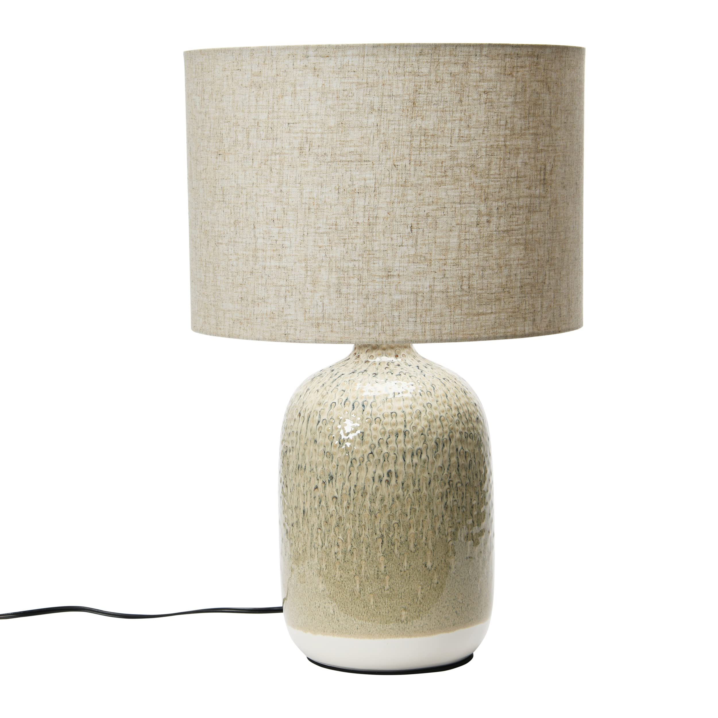Bloomingville Taupe Stoneware Table Lamp with Linen Shade & Inline Switch - Reactive Glaze Ceramic Lamp for Bedroom, Living Room, Office (AH1747)