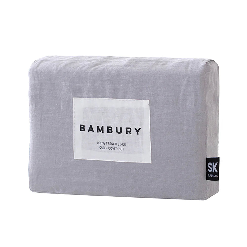 Premium French Linen Quilt Cover Set by Bambury - Silver Grey Luxury Bedding for Master Bedroom & Guest Room - Breathable & Soft All-Season Comfort