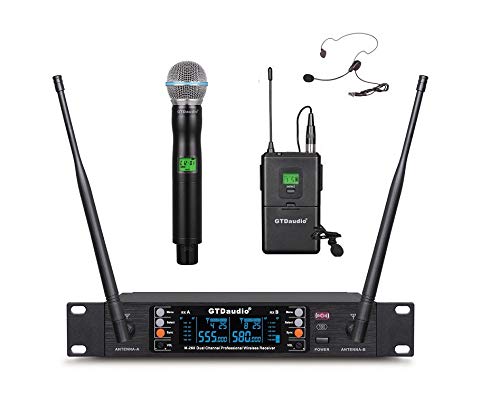 GTD Audio 2x100 Adjustable UHF Wireless Microphone System - Dual Channel Handheld, Headset & Lavalier Mic for DJ, Karaoke, Stage Performances (400ft Range) - Perfect for Live Events, Church Services & Public Speaking
