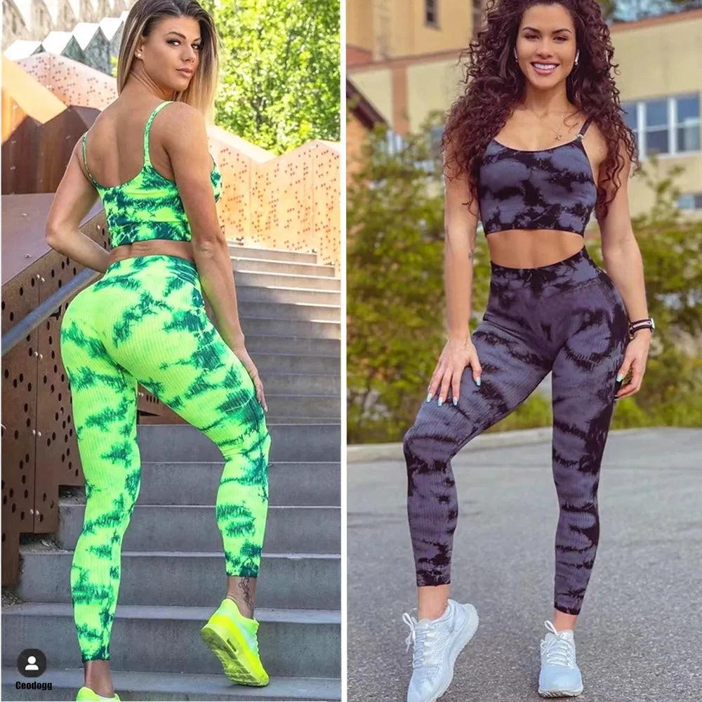 Tie Dye Yoga Bra & High Waist Leggings Set for Women - Seamless Gym Outfit with Hip Push Design - Perfect for Running, Fitness & Workout | Breathable Activewear for Yoga, Pilates & Cardio