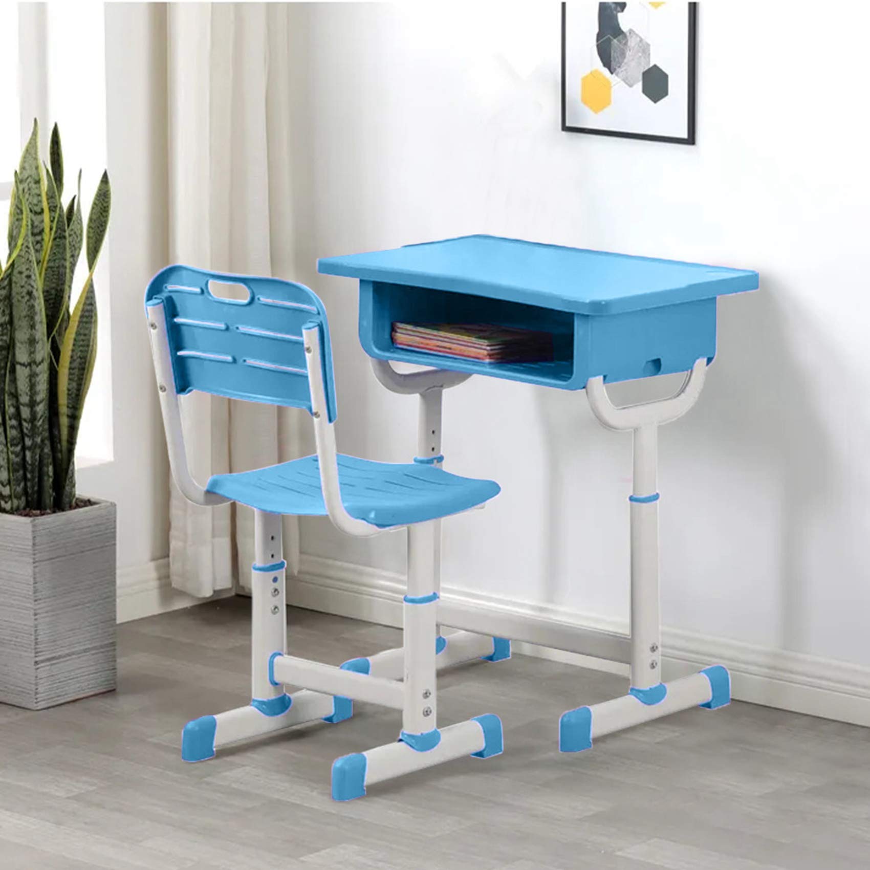 AMZFDC Adjustable Kids Study Desk and Chair Set with Storage Drawer - Ergonomic Children's Learning Table for Boys & Girls (Sky Blue) - Perfect for Homeschooling, Online Classes & Bedroom Study Space