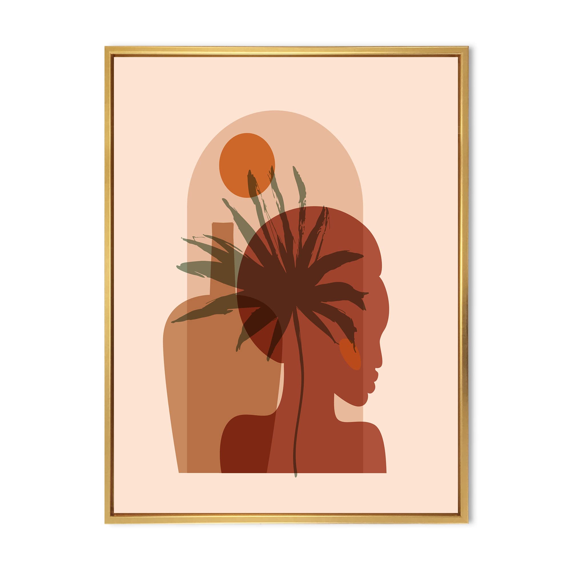 Abstract Tropical Palm Leaf & Pretty Girl Portrait Framed Canvas Wall Art - Modern Home Decor for Living Room, Bedroom & Office