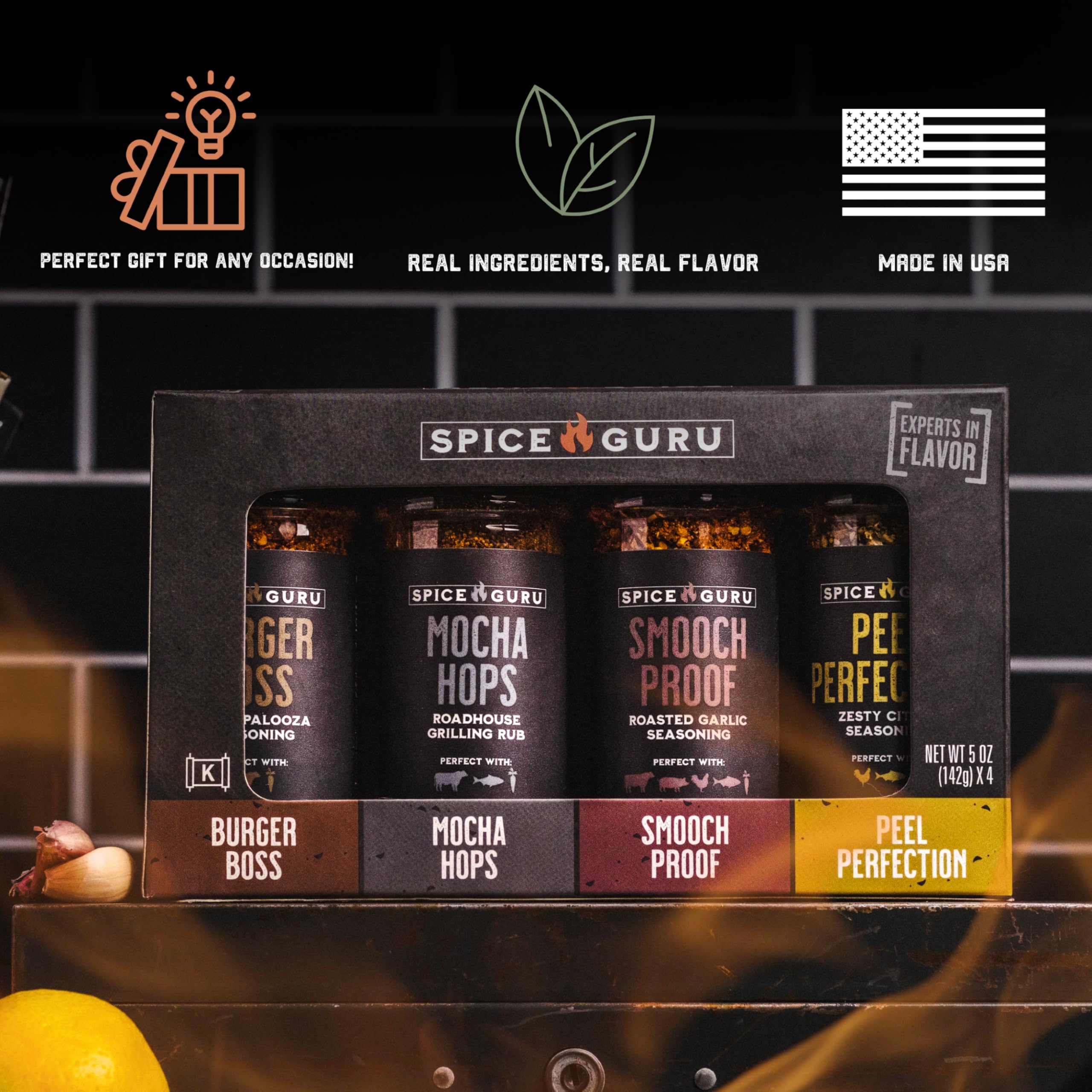 Spice Guru Premium Grill Seasoning Gift Set - 4 Flavor BBQ Spice Rubs for Steak, Chicken & Pork - Best Grilling Gifts for Men, Dad & Home Chefs - Perfect for Backyard BBQs, Tailgating & Holiday Cooking