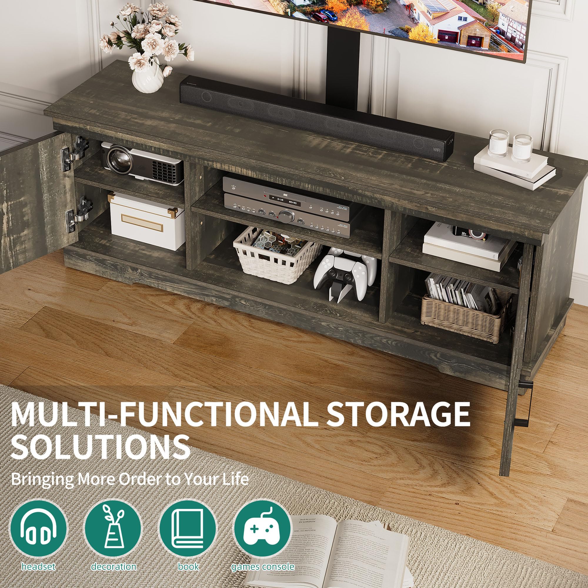 YITAHOME Farmhouse TV Stand with Mount for 32-70 Inch TVs, Sturdy Entertainment Center with Adjustable Shelves - Rustic Oak Media Console for Living Room, Bedroom & Home Theater Setup