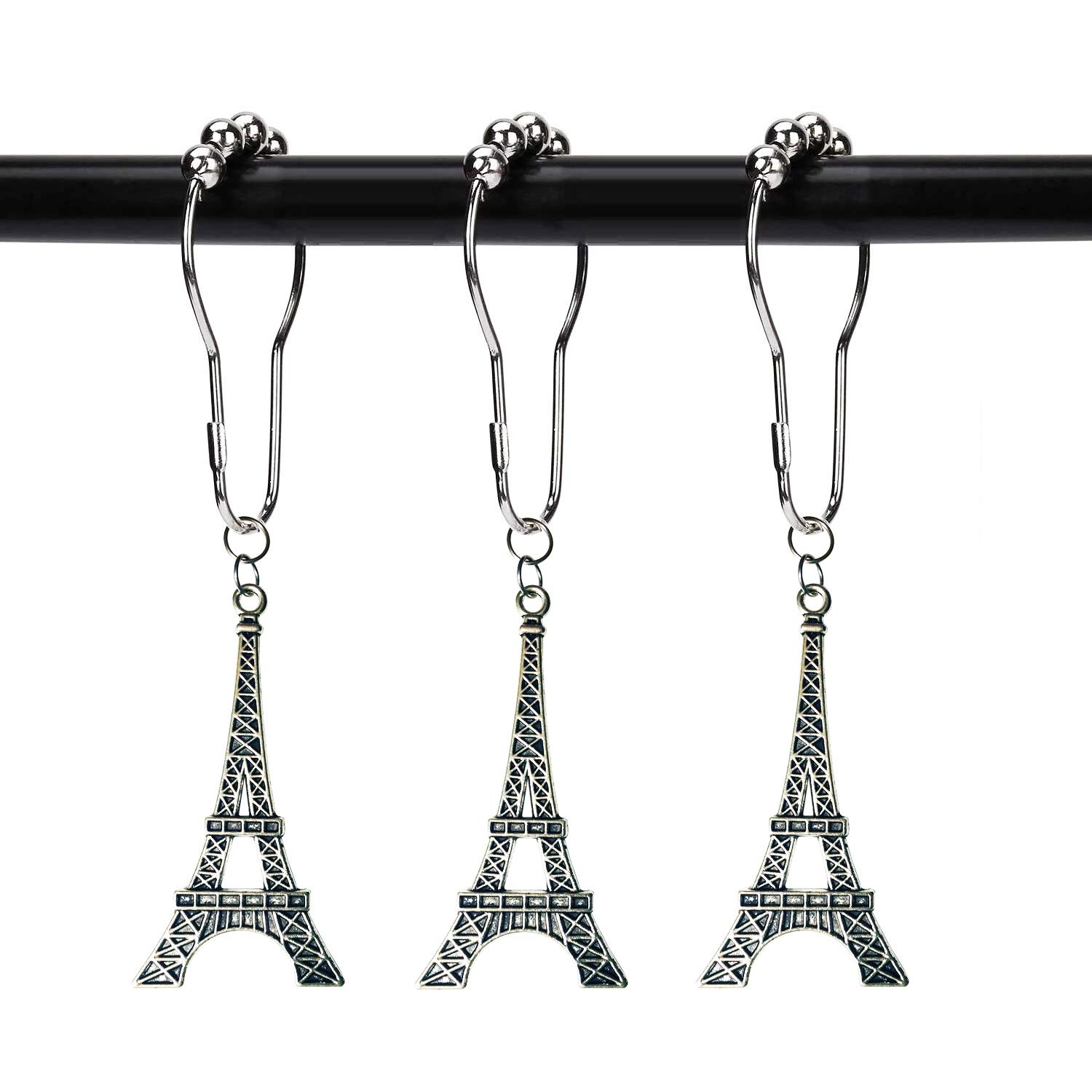 12-Pack Eiffel Tower Shower Curtain Hooks - Parisian Themed Rustproof Bathroom Decor (Silver) | French Chic Cottage Style for Home & Apartment Bathrooms