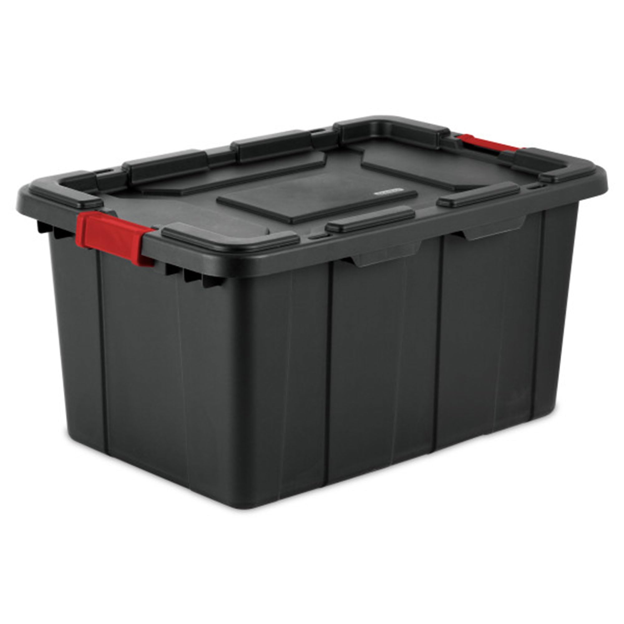 Sterilite 4-Pack 27 Gallon Heavy Duty Plastic Storage Bins with Latching Lids - Industrial Garage Organization Totes for Tools, Toys & Home Supplies - Black Durable Stackable Containers for Garage, Basement & Workshop Storage