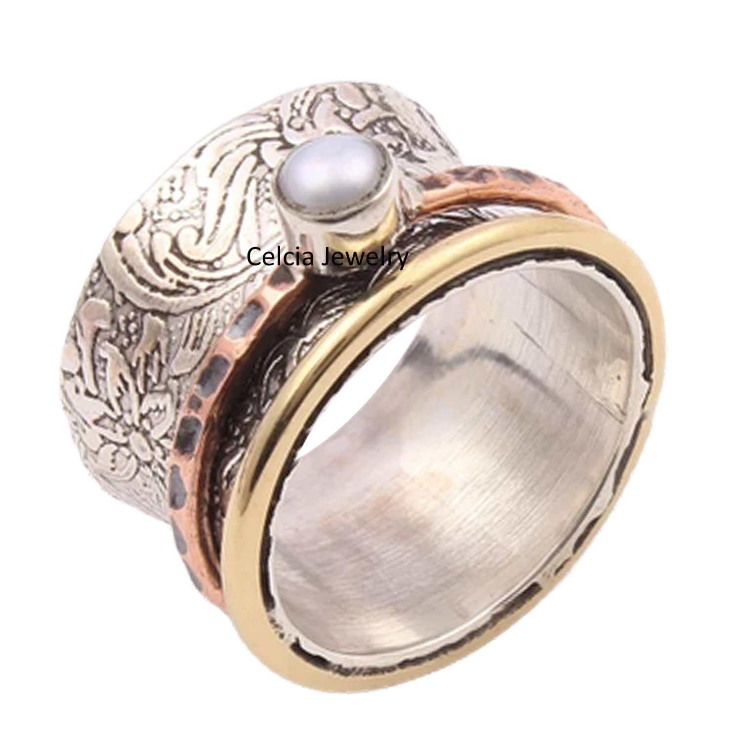 Natural Pearl Gemstone Silver Spinner Ring for Stress Relief & Meditation | Adjustable Three-Tone Spinning Ring with June Birthstone | Perfect for Yoga, Mindfulness & Fashion Statement (Size 7)