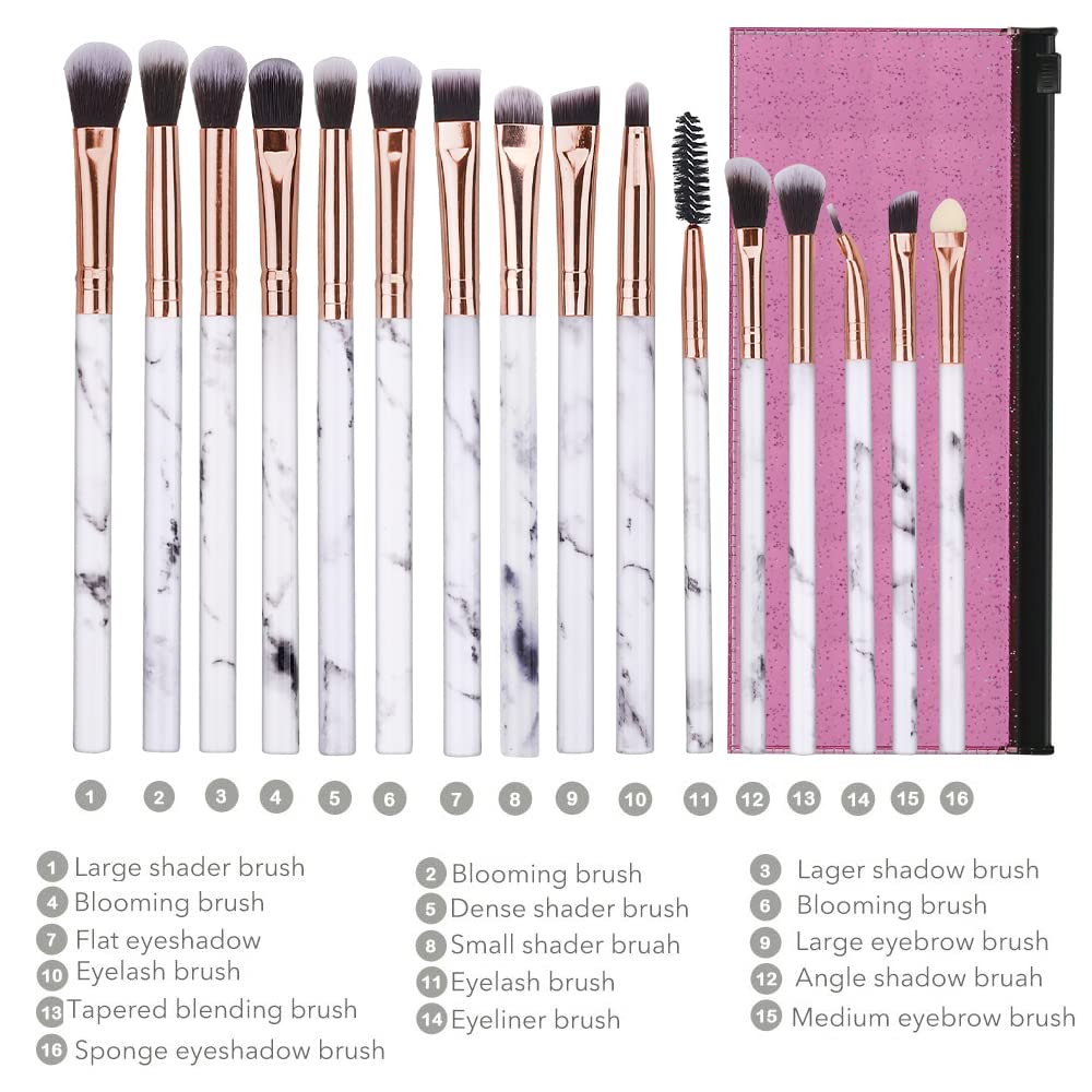 DUAIU 16Pcs Professional Eye Makeup Brush Set - Premium Synthetic Eyeshadow, Eyeliner & Blending Brushes with Marble Handle & Pink Cosmetic Bag - Perfect for Makeup Artists, Beginners & Daily Beauty Routine