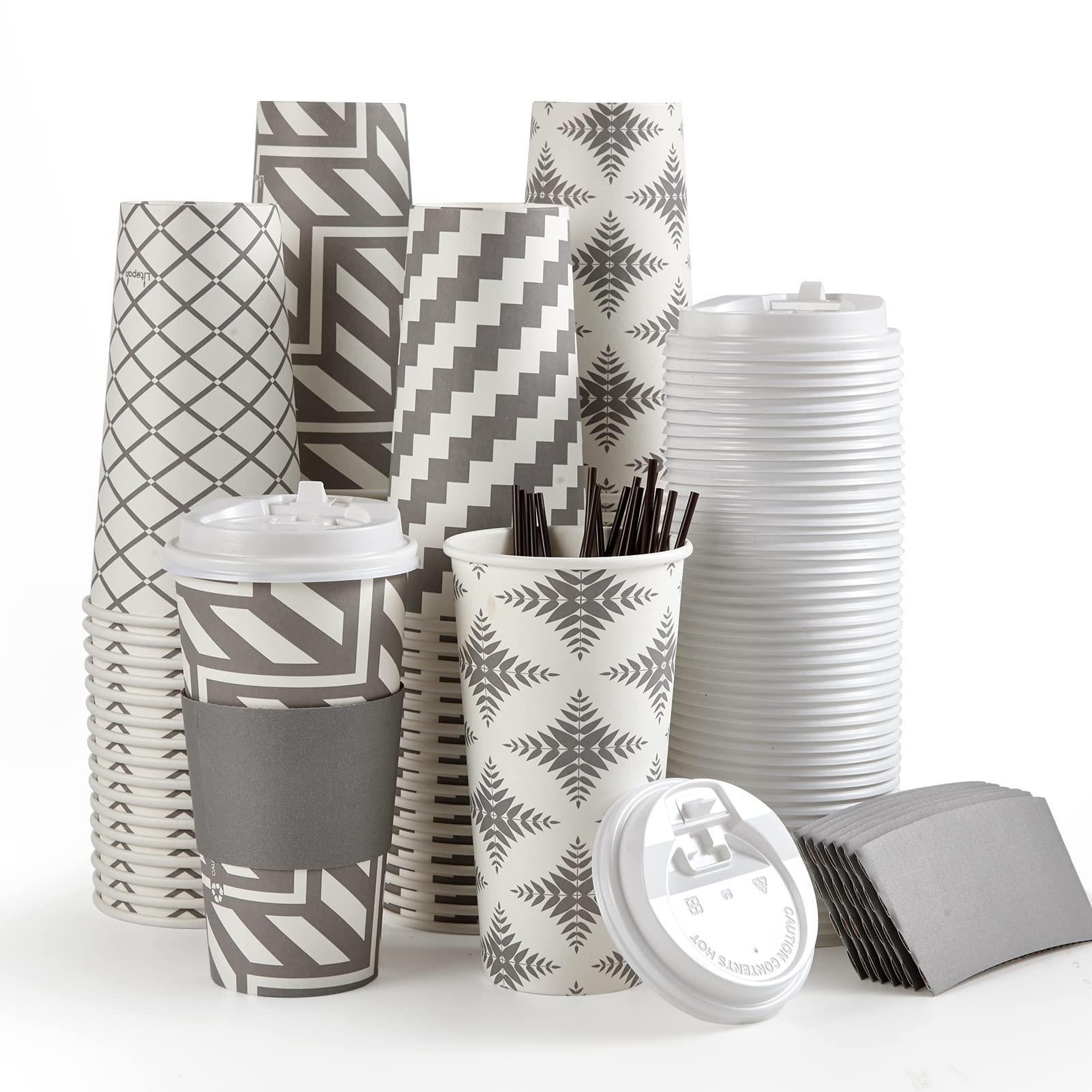 LITOPAK 100-Pack 20 oz Disposable Paper Coffee Cups with Lids, Sleeves & Straws - 4 Stylish Designs for Hot/Cold Beverages - Perfect for Home, Office, Cafe, Restaurant, and Takeout Services