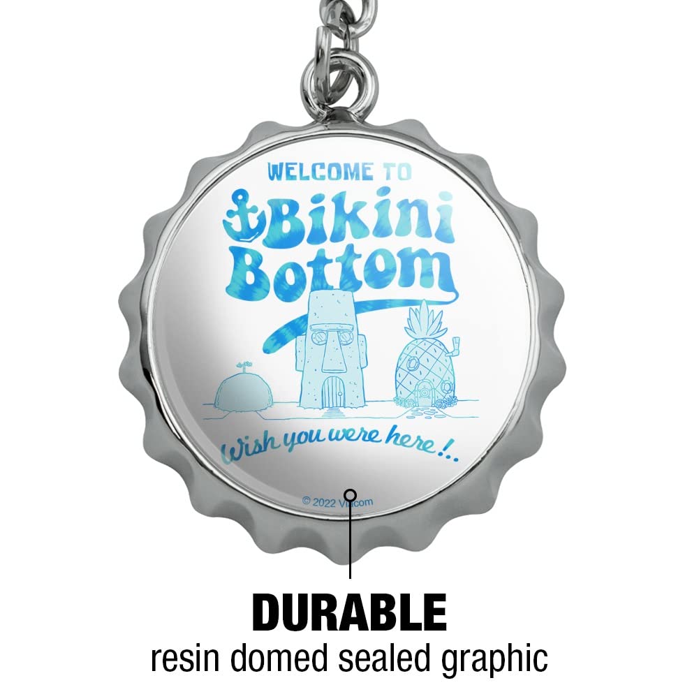 SpongeBob Bikini Bottom Welcome Keychain - Chrome Plated Metal Bottle Opener with Pop Cap - Perfect for Home Bars, Beach Parties & Collectible Gifts