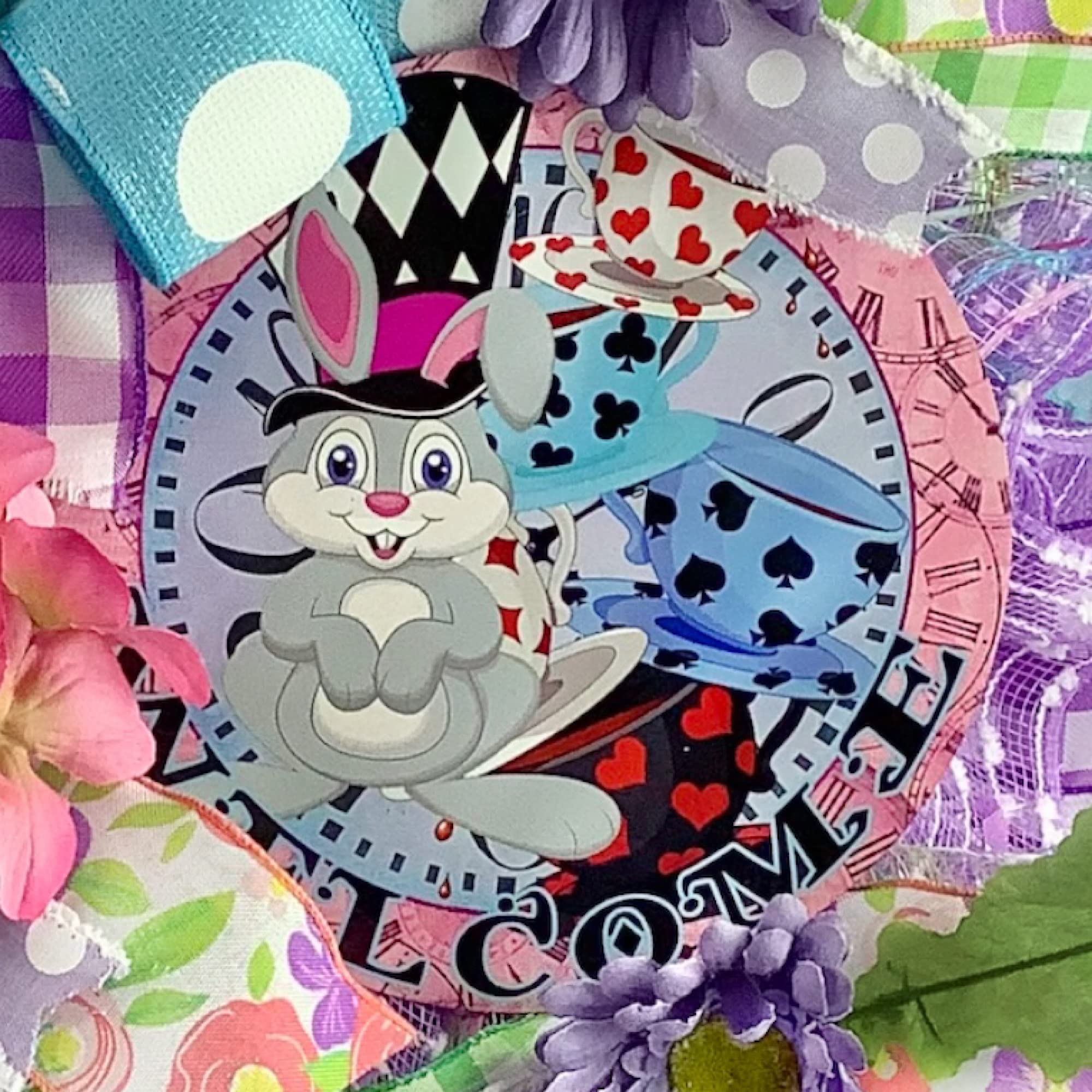 Welcome Rabbit Wreath - Spring Valentine Easter Door Decor with Chiffon Flowers & Butterflies | Seasonal Front Door Hanging for Home Holiday Decorations