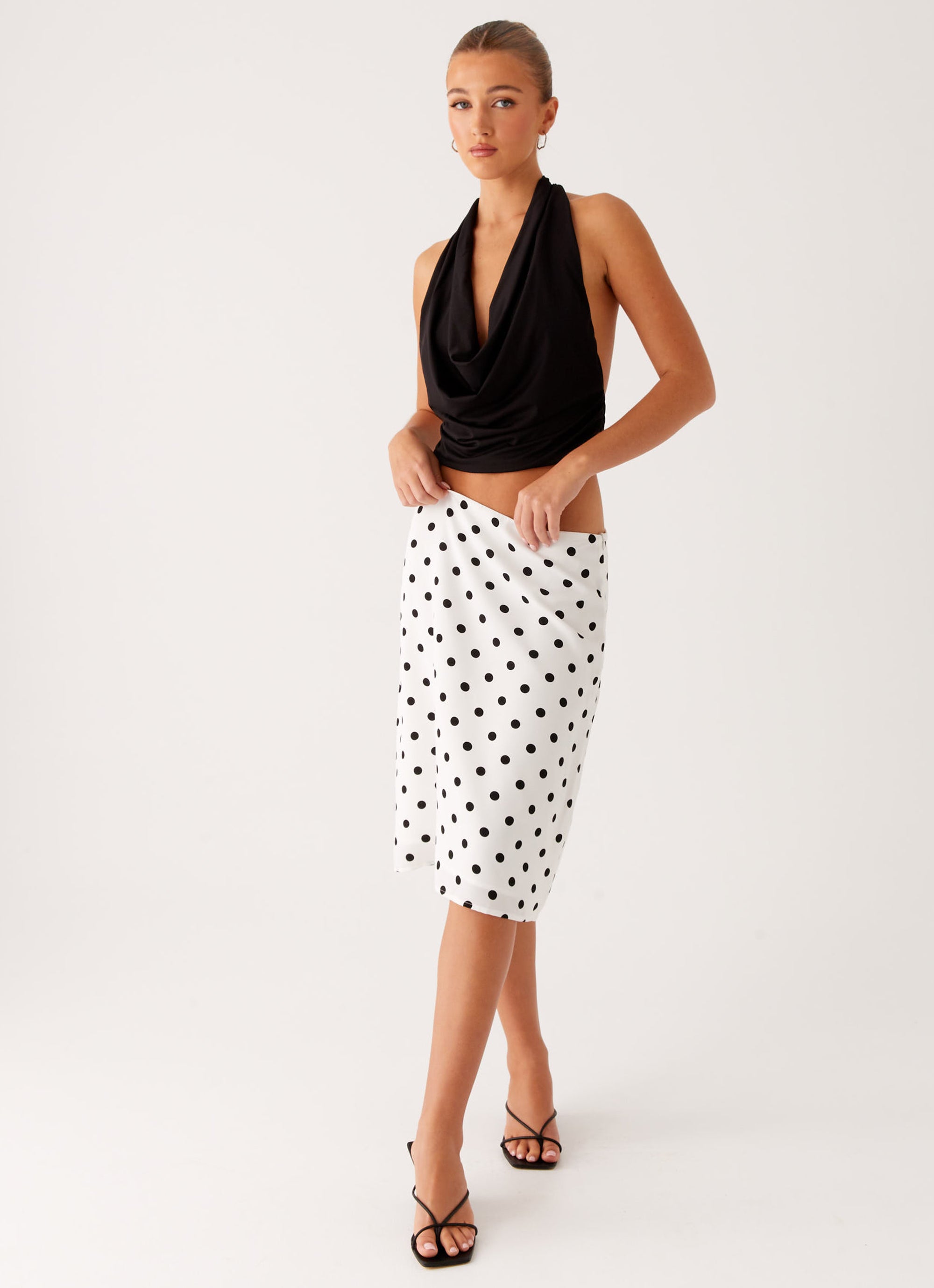 Evoke Chiffon Midi Skirt - White Polka Dot Flowy Summer Skirt for Women | Boho Beach Dress, Casual Outfit & Party Wear