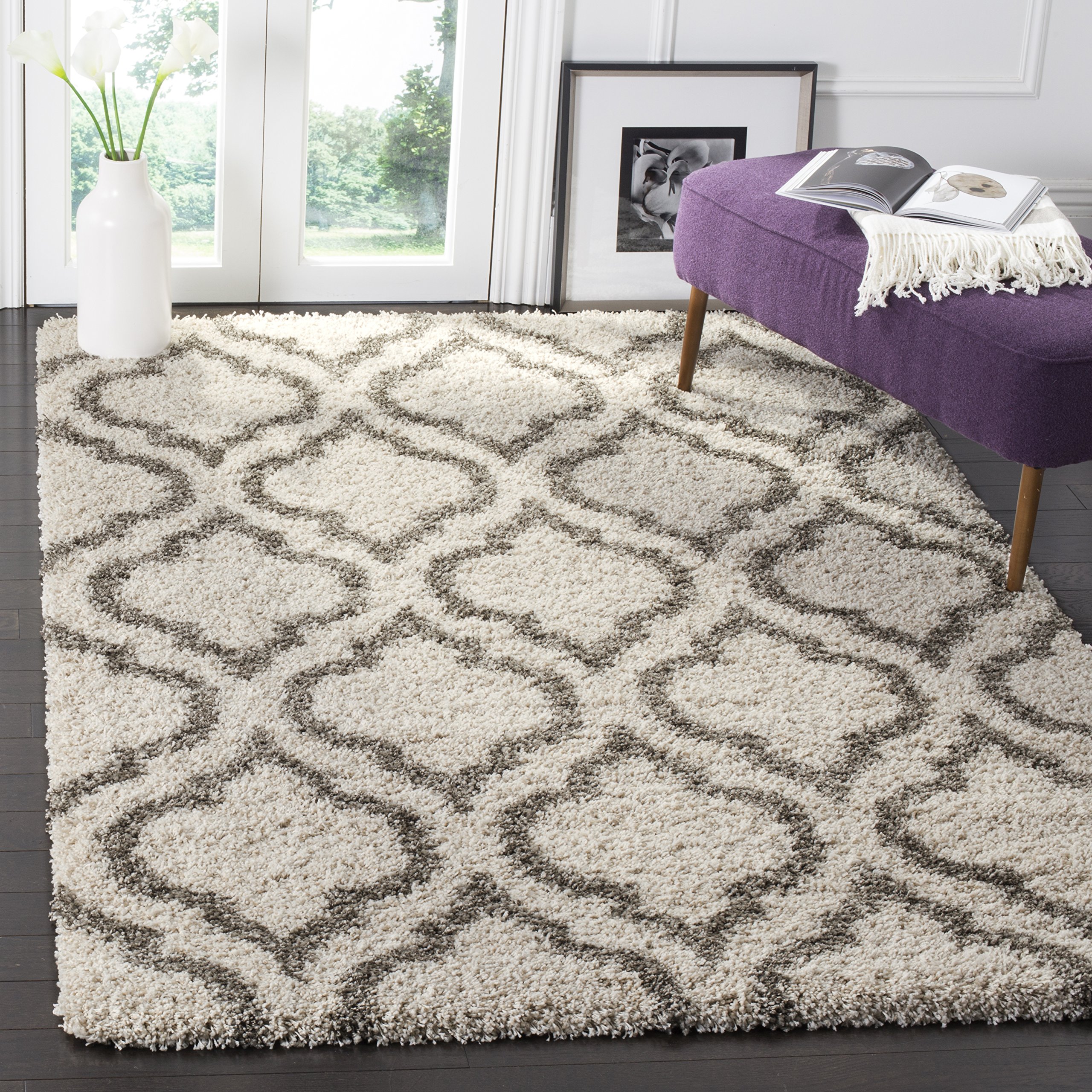 SAFAVIEH Hudson Shag Collection 7' Square Ivory/Grey Area Rug - Moroccan Non-Shedding Plush 2-inch Thick Rug for Living Room, Bedroom, Dining Room & Entryway - Soft Floor Decor for Cozy Home Spaces