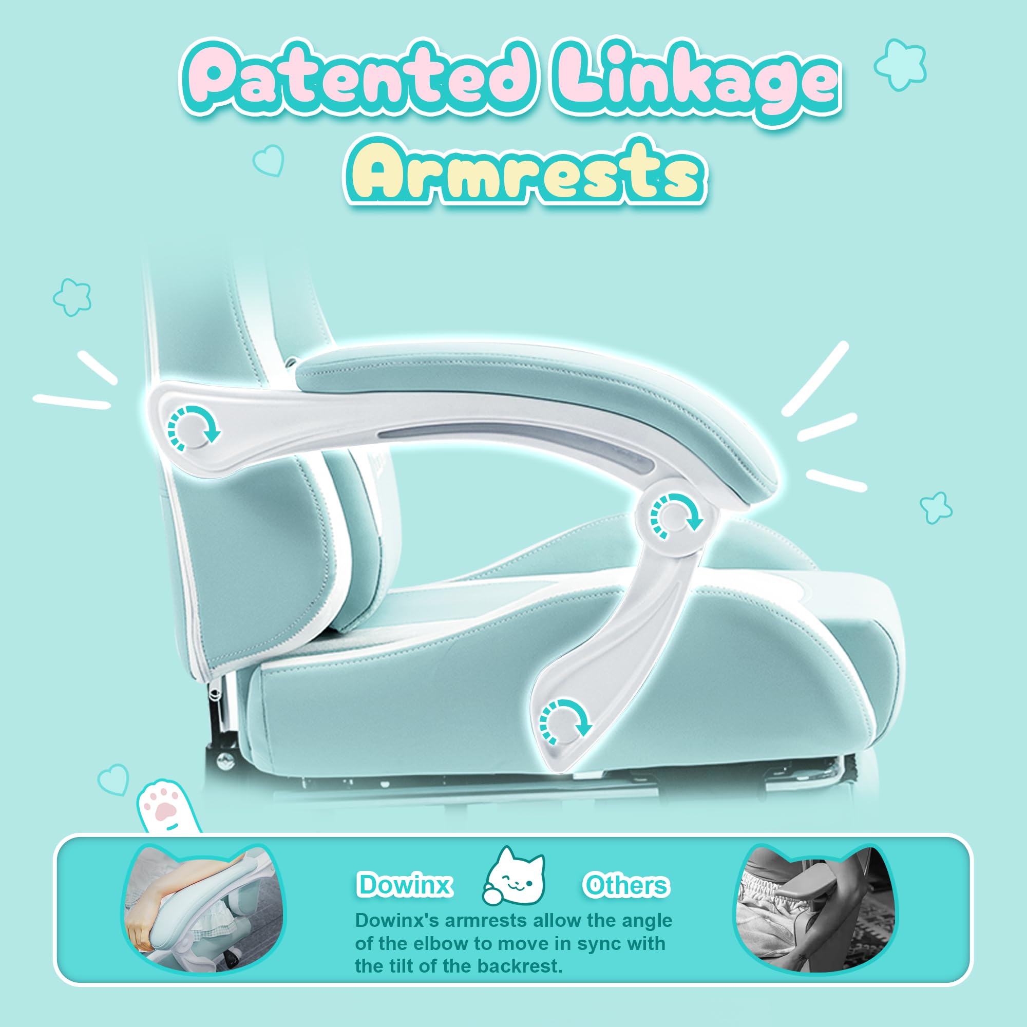 Dowinx Ergonomic Gaming Chair with Cat Ears - Massage Lumbar Support & Adjustable Footrest - Blue Green Computer Chair for Women, Teens & Adults (290lbs Capacity) - Perfect for Esports, Streaming & Home Office Setup