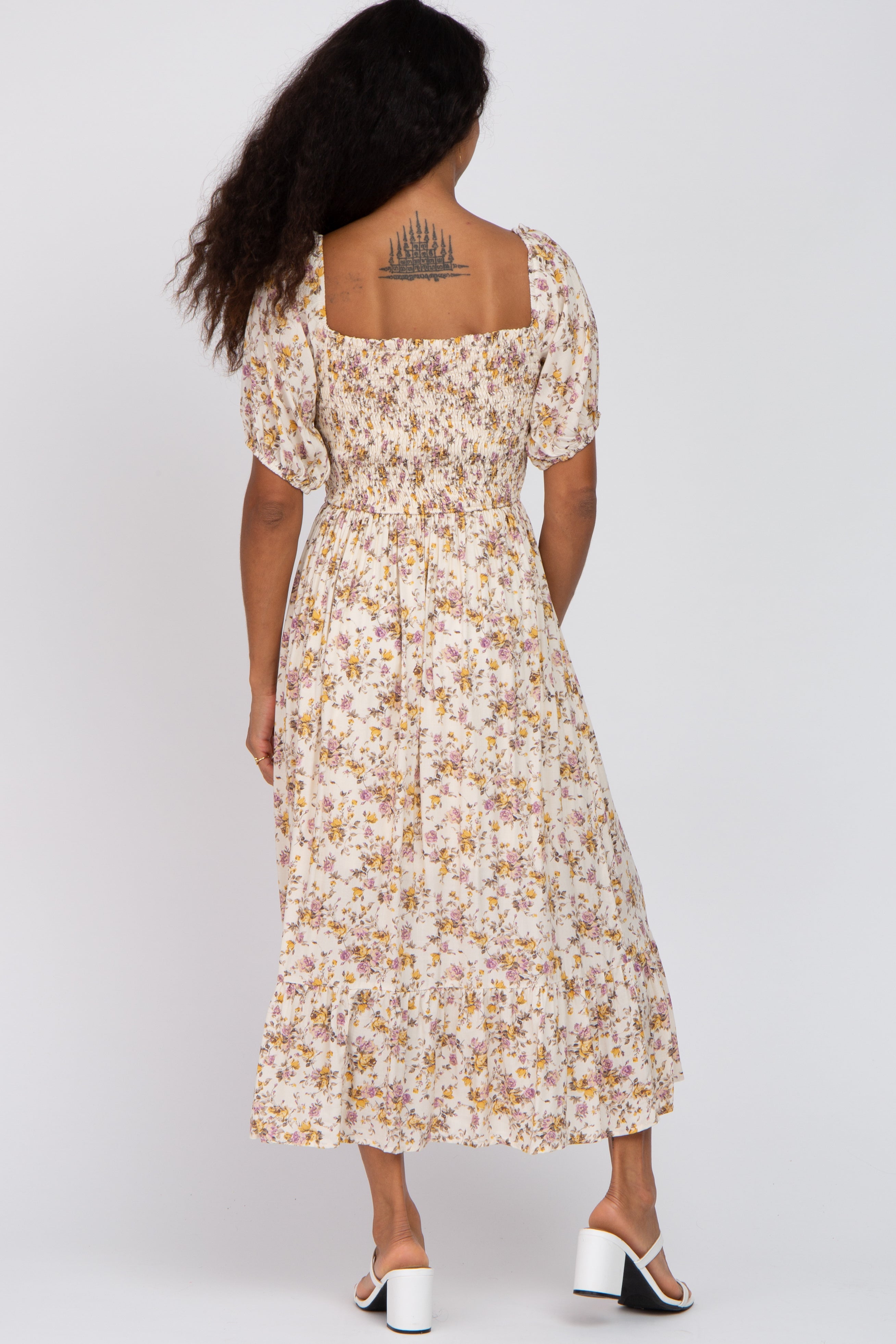 Beige Floral Puff Sleeve Midi Dress for Women - Elegant Spring Summer Casual Outfit for Brunch, Wedding Guest & Vacation