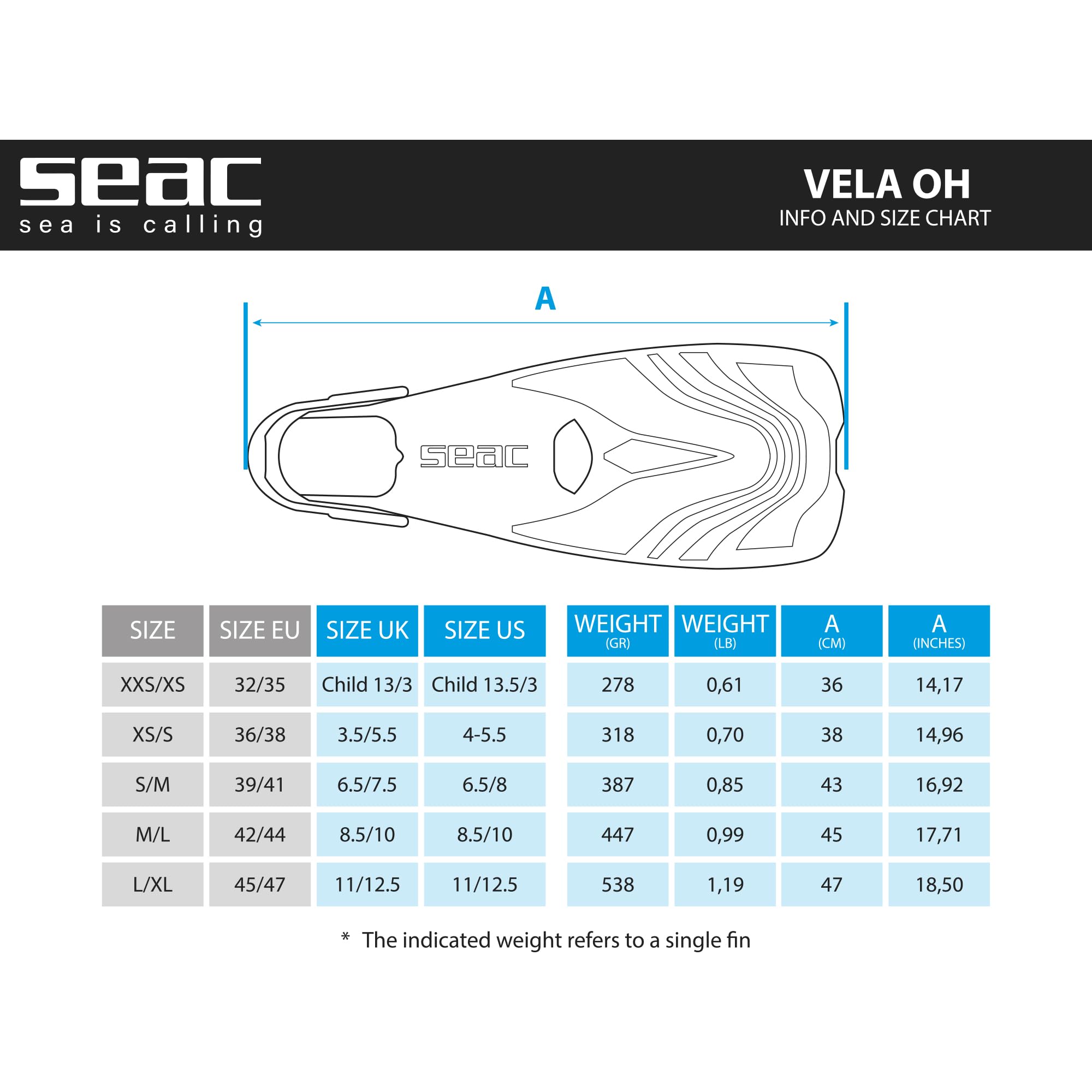 Seac Vela OH Adjustable Strap Snorkeling Fins for Swimming, Diving & Pool Training - Lightweight & Comfortable for Travel & Water Sports