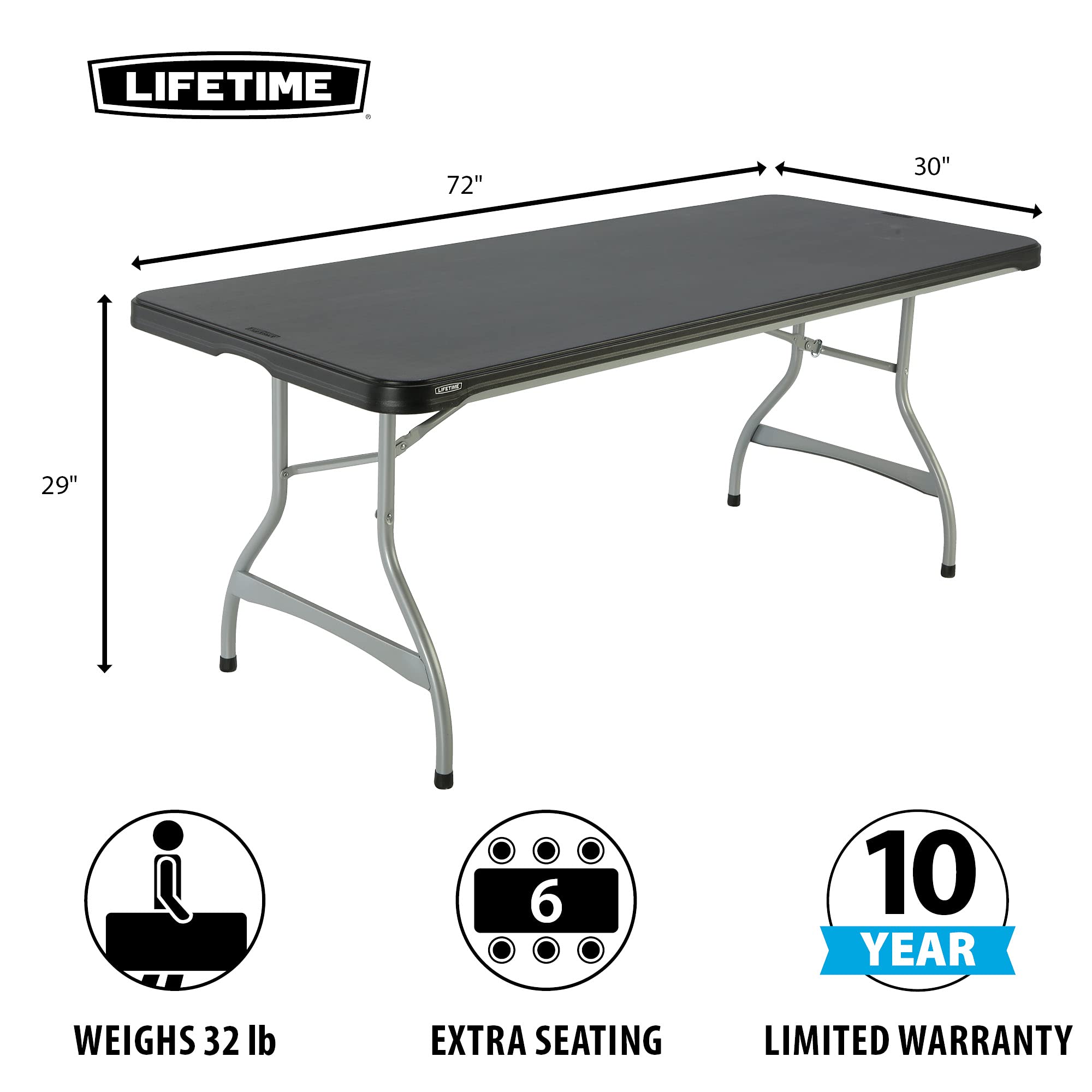 Lifetime 6-Foot Commercial Stacking Folding Table - Heavy Duty Black Plastic Table for Restaurants, Events & Outdoor Use