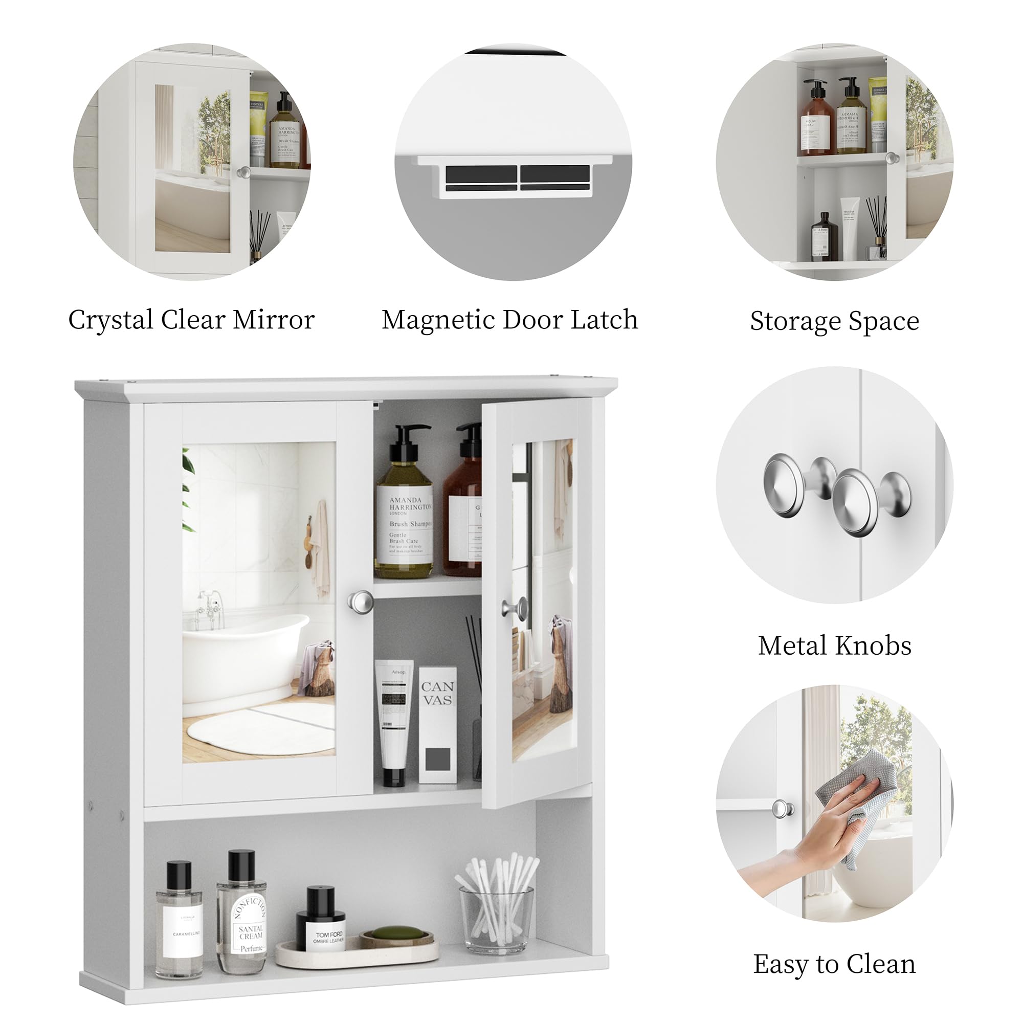 Shintenchi White Wooden Bathroom Medicine Cabinet with Mirror & Adjustable Shelves - Wall Mounted Storage Cupboard for Bathroom, Bedroom & Living Room Organization