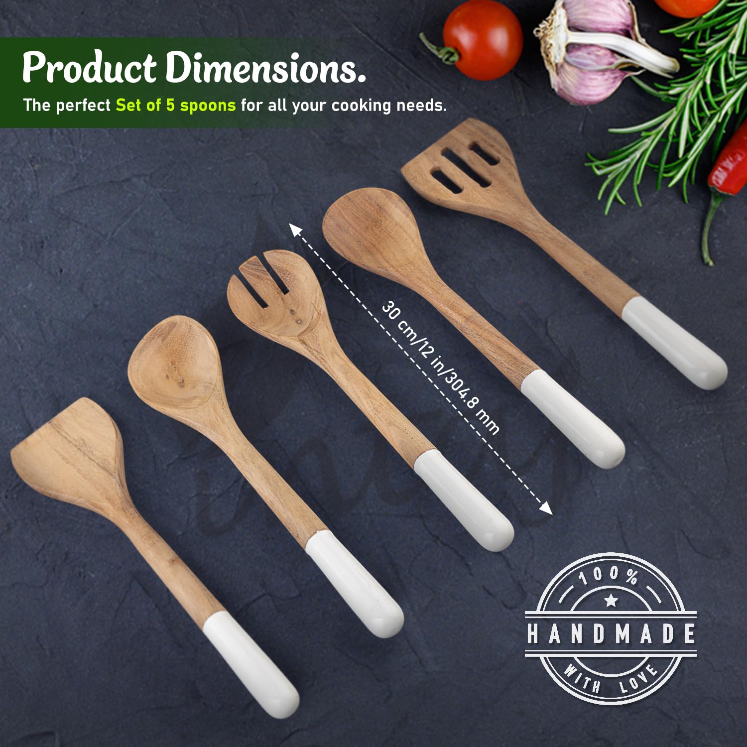 Premium Teak Wooden Spoons for Cooking – 5-Piece Kitchen Utensil Set, Durable & Nonstick Safe, Eco-Friendly, Ergonomic Design for Stirring, Mixing, Scraping & Serving – Ideal for Nonstick, Cast Iron & Ceramic Cookware – Perfect for Home Chefs & Everyday Cooking