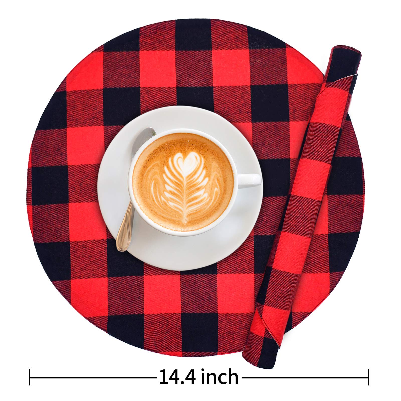 Senneny 6-Piece Round Placemats Set - Reversible Cotton Burlap Buffalo Plaid Placemats in Red & Black - Farmhouse Style Dining Table Mats for Round Tables - Perfect for Holiday Dinners, Rustic Weddings & Cozy Kitchen Decor