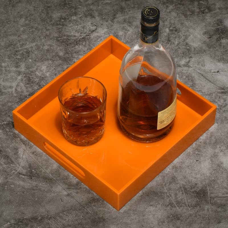 Orange Acrylic Serving Tray with Handles - 10x10 Inch for Kitchen, Vanity & Ottoman