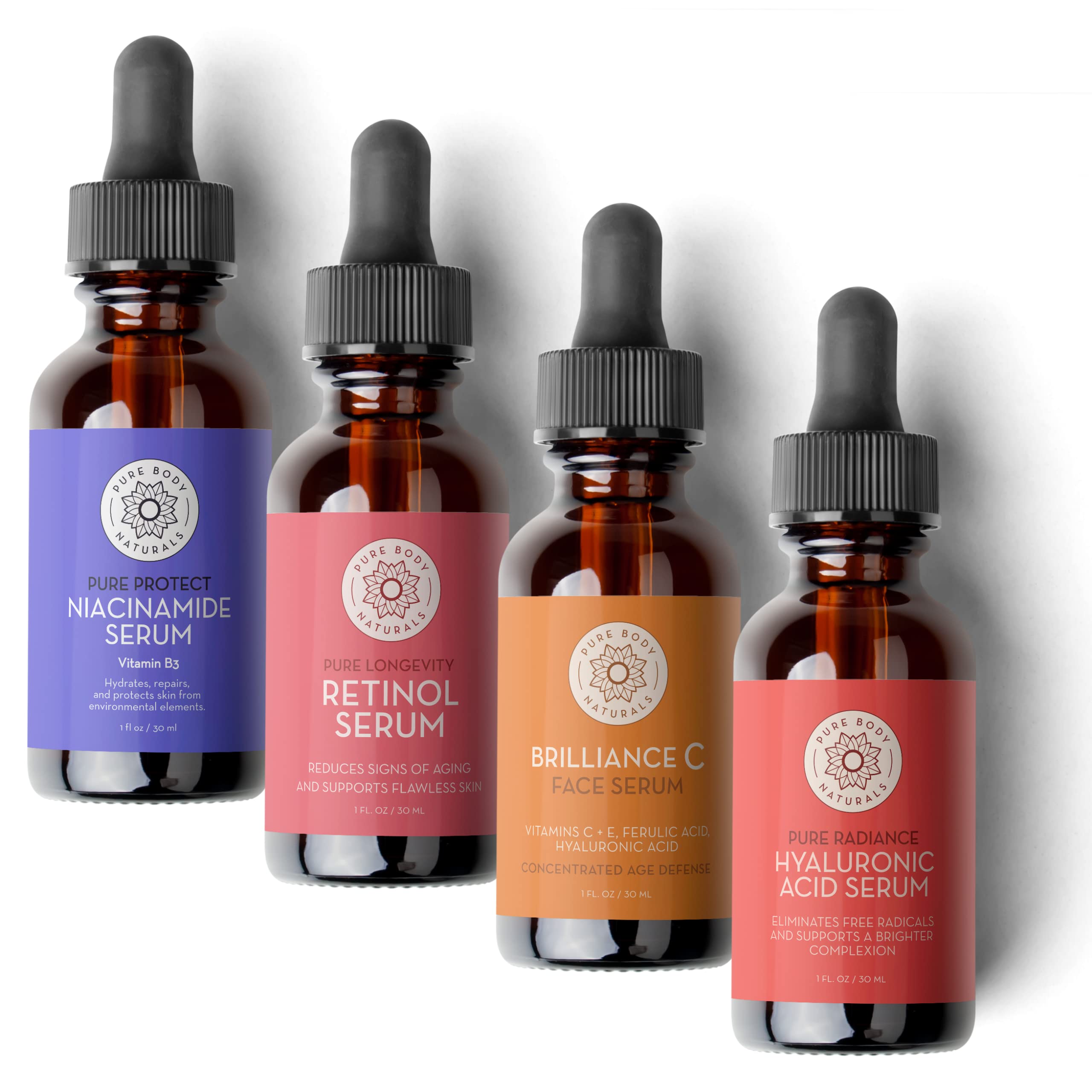 Pure Body Naturals Anti-Aging Facial Serum Set - Hyaluronic Acid, Retinol, Vitamin C & Niacinamide Serum for Glowing Skin - Perfect Skincare Gift for Women - Day & Night Moisturizing Routine