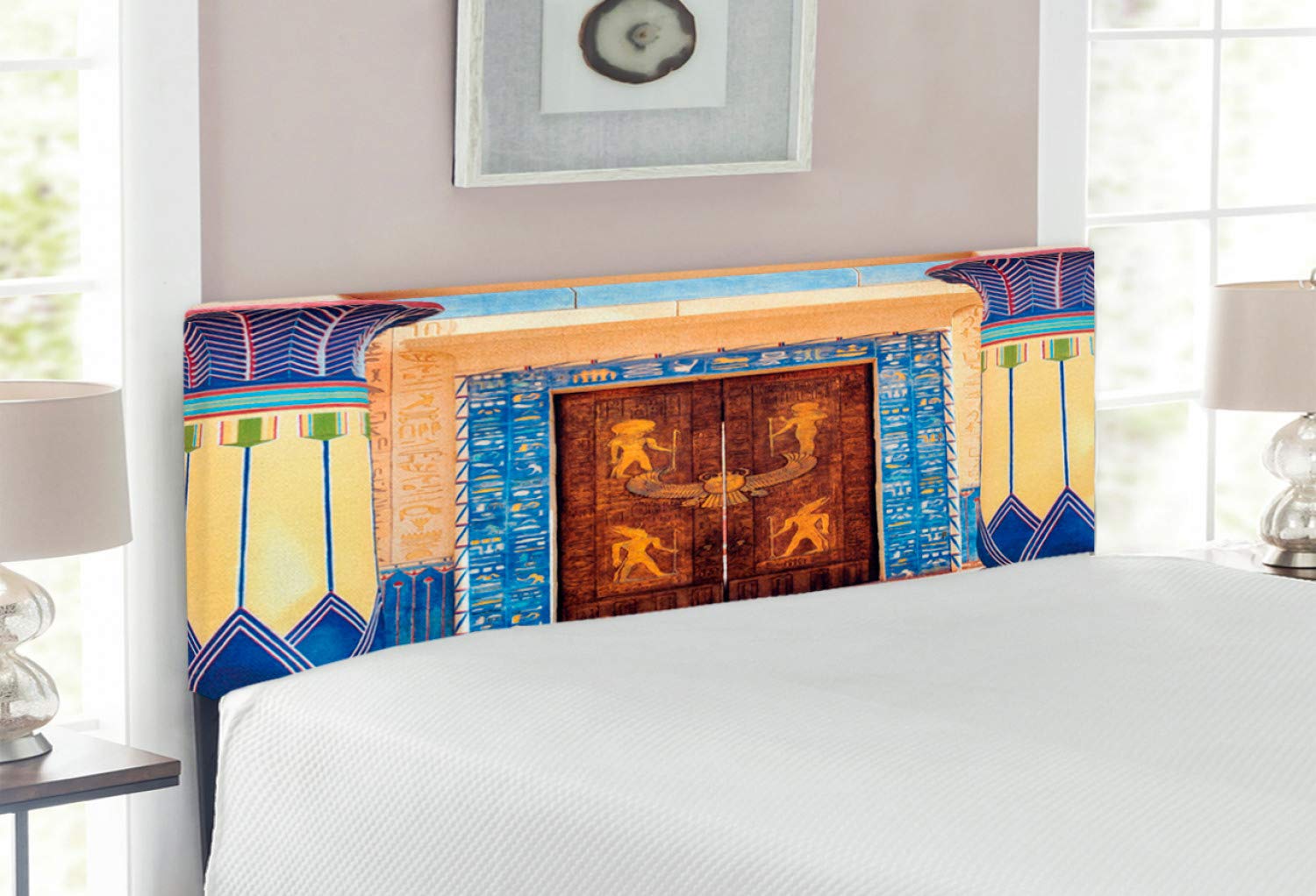 Ambesonne Egyptian Headboard - Vintage Architectural Design with Entry Door & Ornate Columns, Upholstered Metal Bed Headboard with Memory Foam - Full Size Multicolor Home Decor for Bedroom, Guest Room or Airbnb