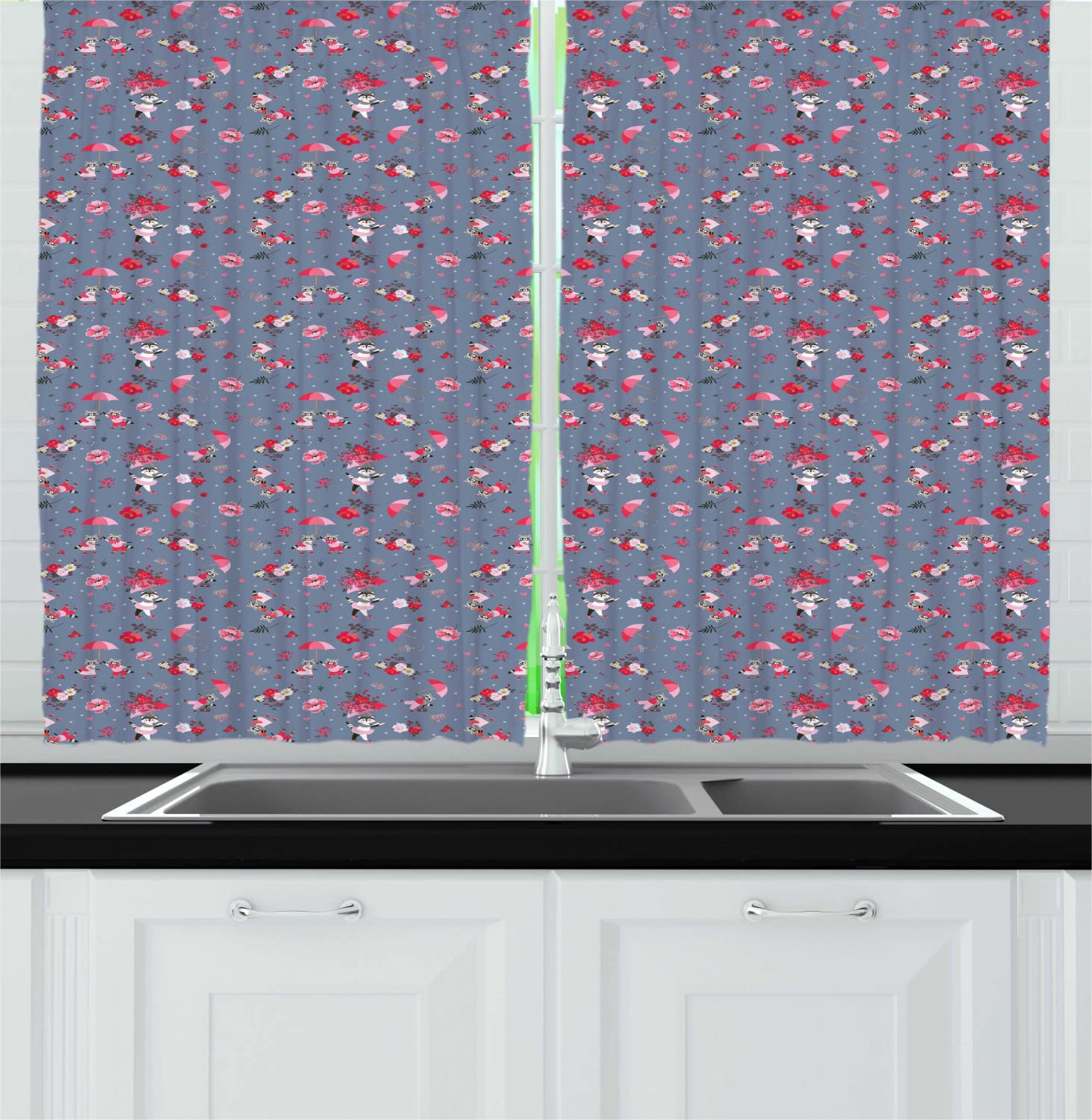 Ambesonne Romantic Long Kitchen Curtains - Funny Raccoons Couple & Cat Under Umbrella with Botanical Bouquets - 2 Panel Drapes with Rod Pocket - 55