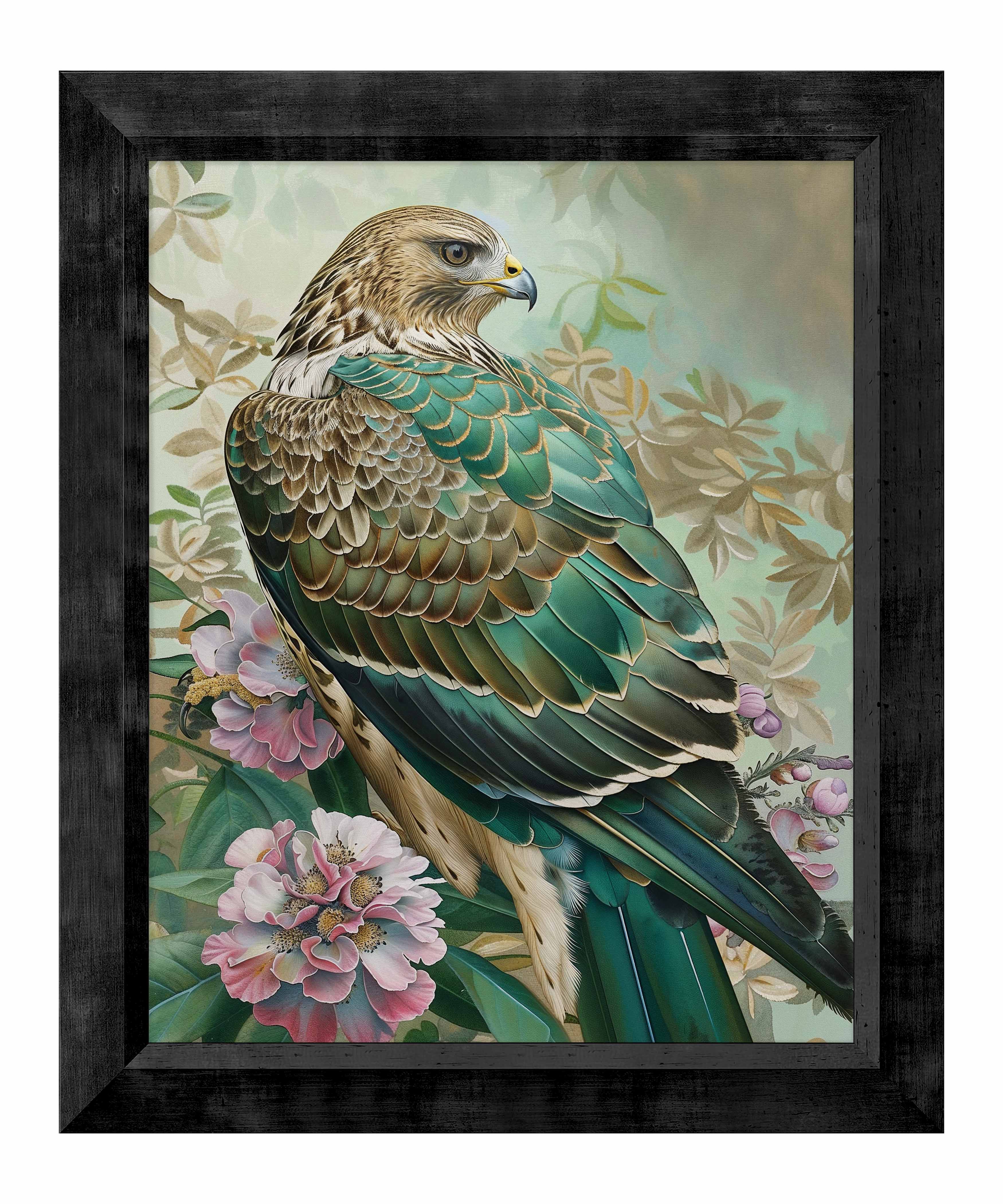 Emerald Majesty Hawk Amidst Blossoms Limited Edition Canvas Wall Art - Nature Inspired Home Decor for Living Room, Bedroom & Office