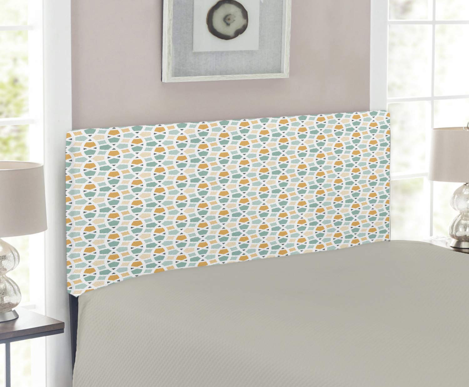 Ambesonne Teal & White Upholstered Headboard - Twin Size, Decorative Metal Bed Frame with Memory Foam, Eastern Lattice Mosaic Design in Turquoise Orange White - Perfect for Bedroom Decor & Guest Room Makeover