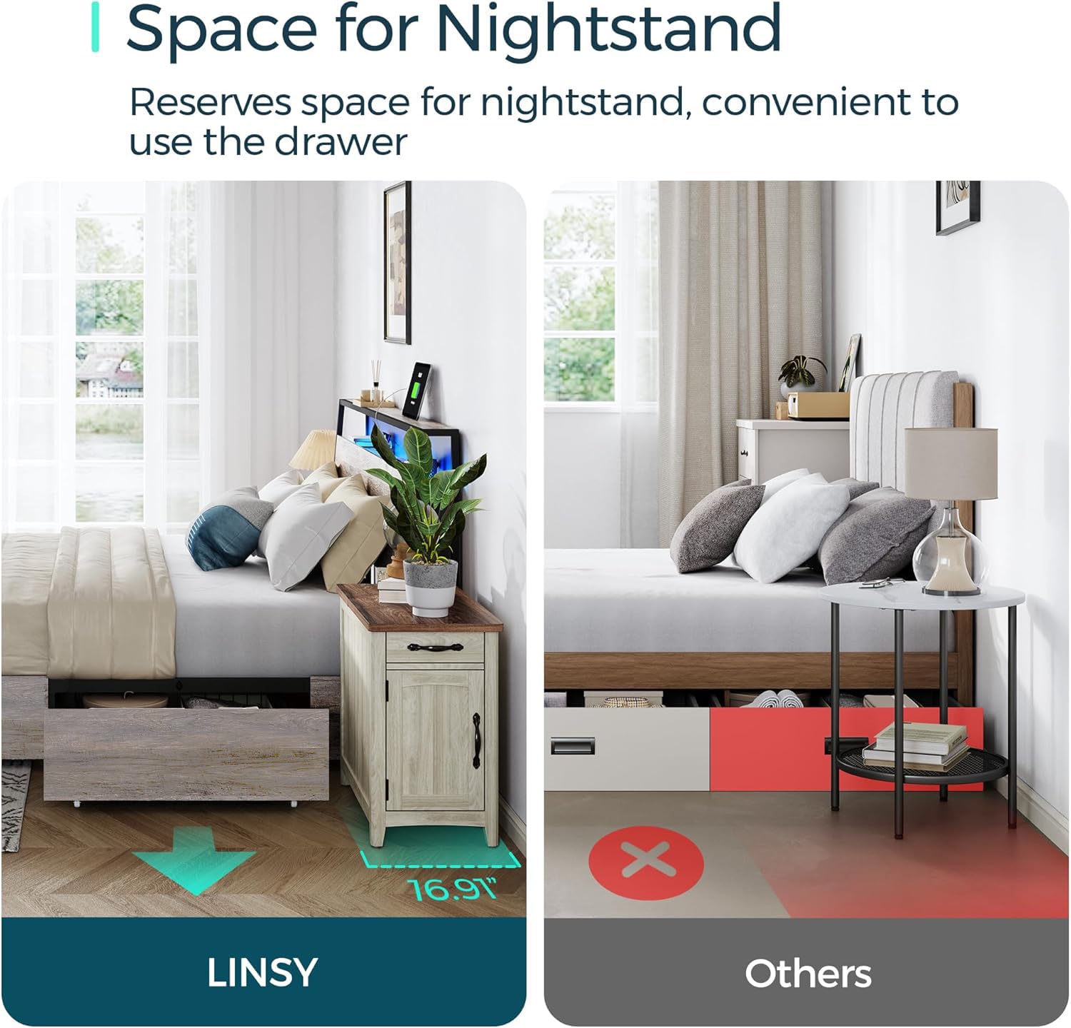 LINSY Queen Size Bed Frame with 4 Storage Drawers, RGB LED Lights & USB Fast Charger - Modern Platform Bed with Headboard, Easy Assembly, No Box Spring Needed (Greige) - Perfect for Small Bedrooms, Guest Rooms & Gaming Setups