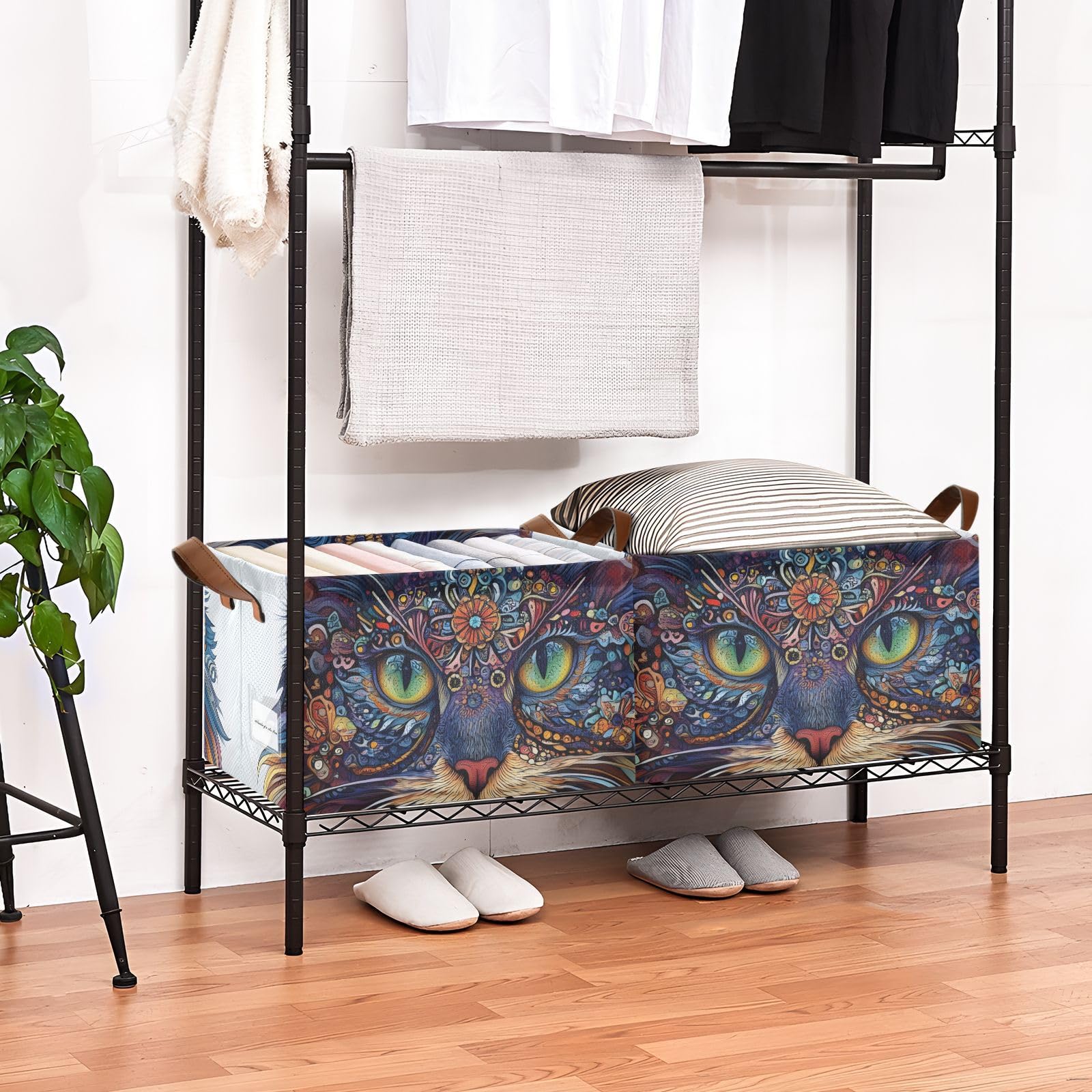 2-Pack Foldable Storage Cubes with Tribal Cat Print - 16.9×11.4×7.7 Inch Water Resistant Fabric Storage Bins with Steel Frame for Closet, Shelf & Home Organization - Perfect for Bedroom, Nursery & Office Storage Solutions