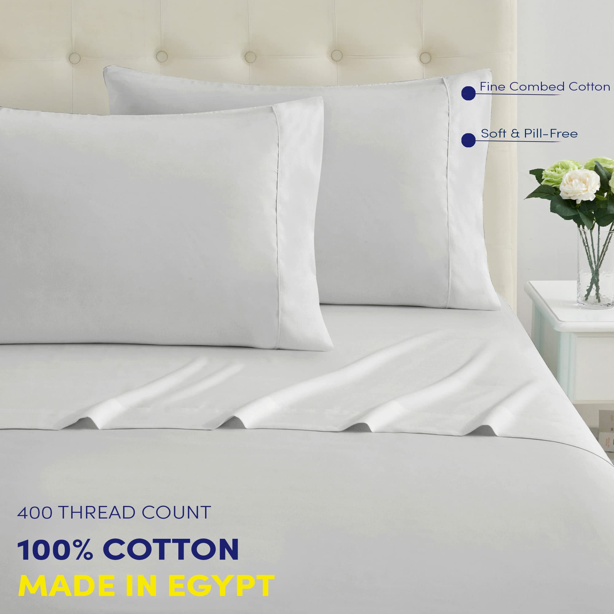 Egyptian Cotton California King Sheets Set - 100% Cotton, 400 Thread Count, Ultra Soft 4-Piece Bedding (Fitted Sheet, Flat Sheet & 2 Pillowcases) - Silver - Perfect for Luxury Hotels, Guest Rooms & Master Bedrooms