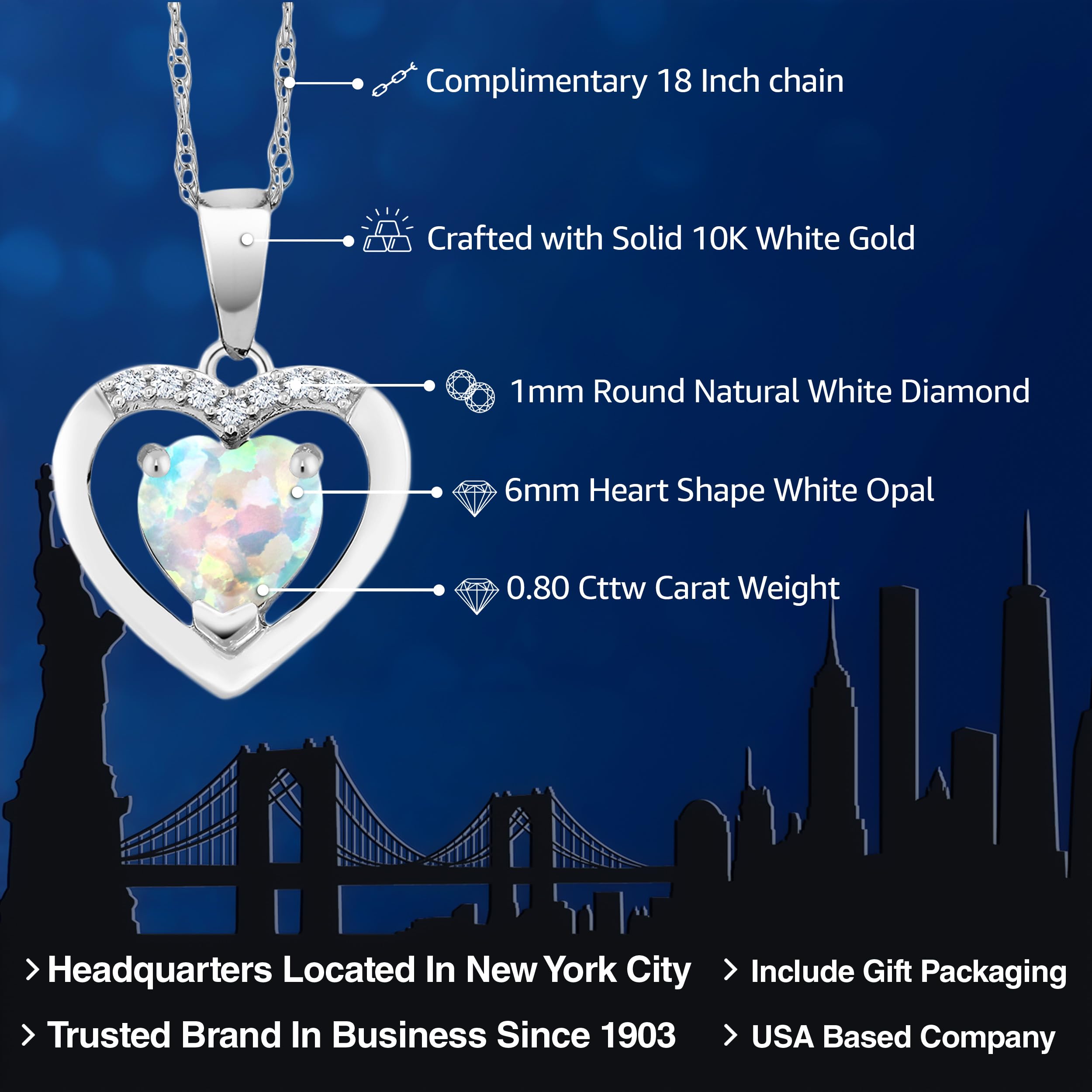 10K White Gold Heart-Shaped Birthstone & Diamond Pendant Necklace for Women | 6MM Gemstone with 18